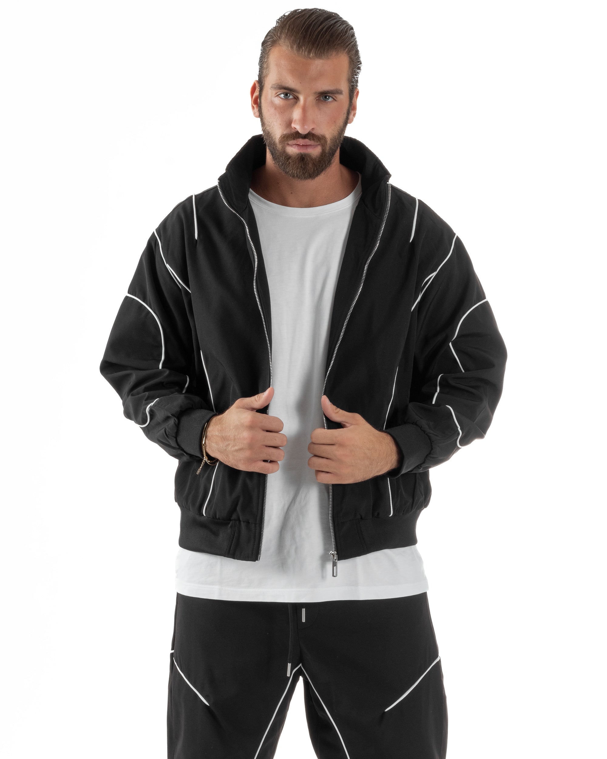 Coordinato Tuta Giacca Giubbotto Pantaloni Baggy Outfit Nero OU2531A