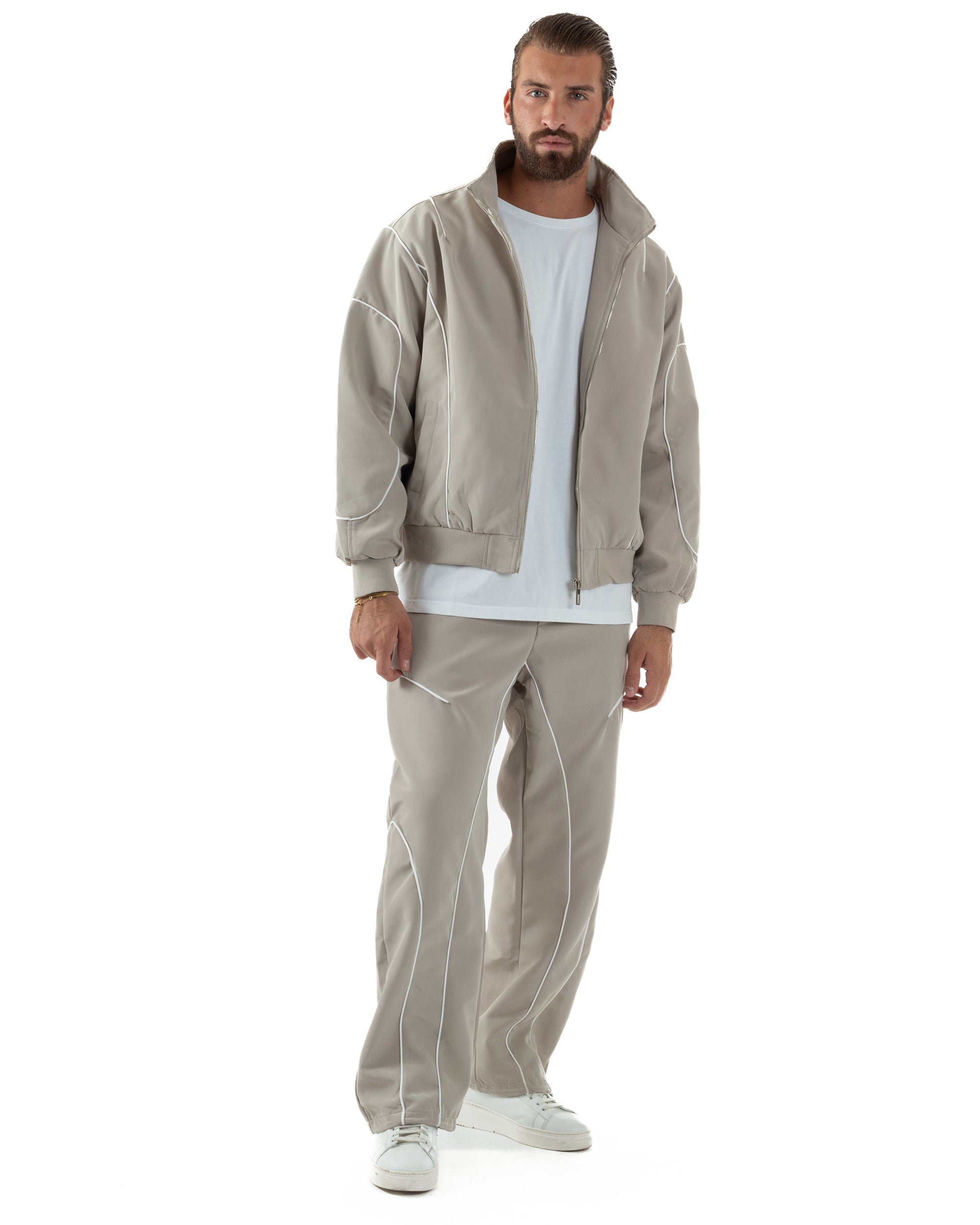 Coordinato Tuta Giacca Giubbotto Pantaloni Baggy Outfit Beige OU2532A
