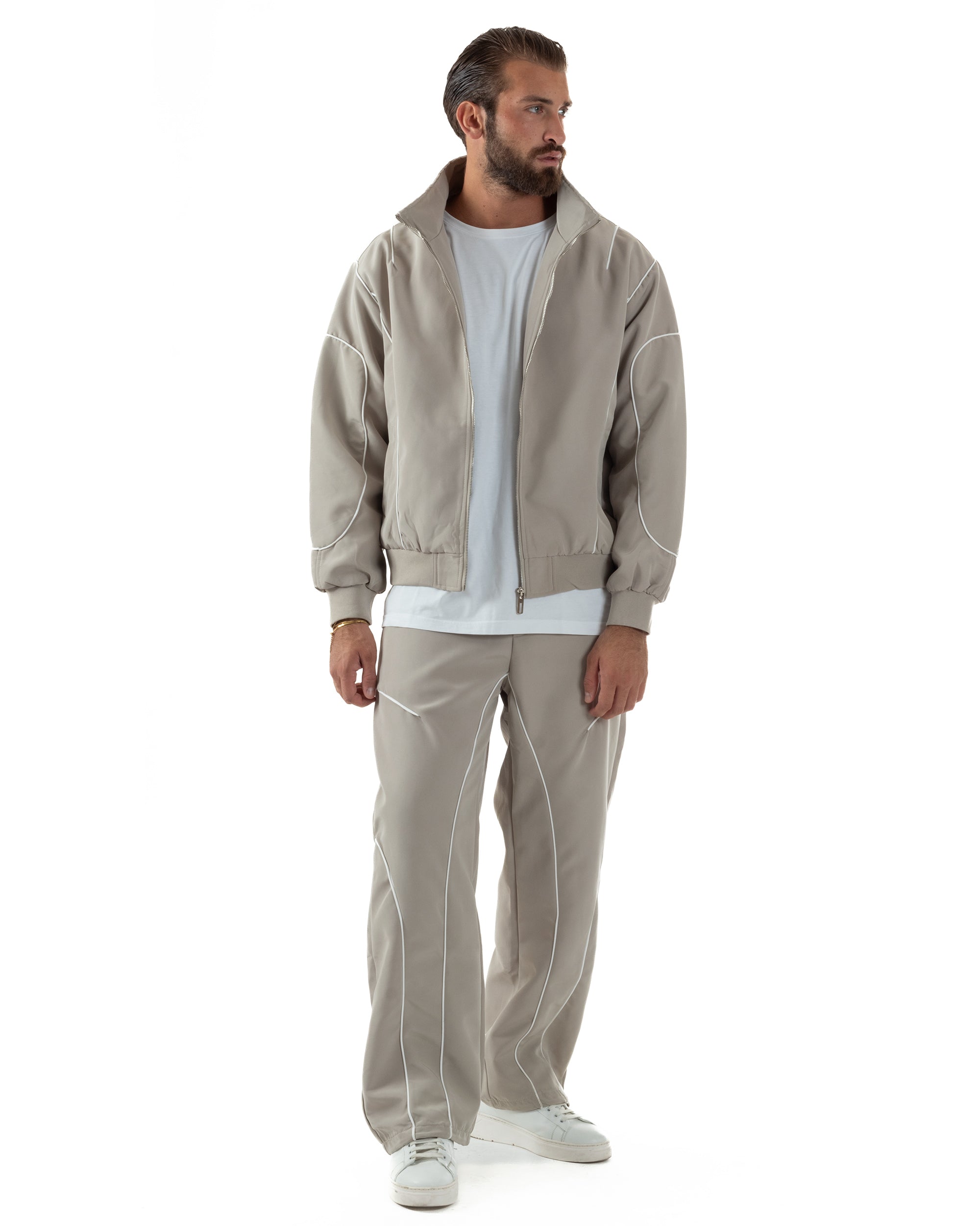 Coordinato Tuta Giacca Giubbotto Pantaloni Baggy Outfit Beige OU2532A