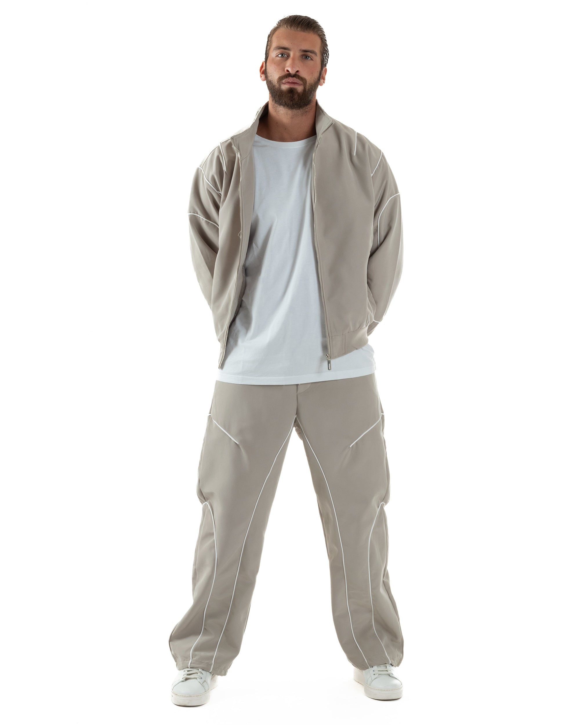 Coordinato Tuta Giacca Giubbotto Pantaloni Baggy Outfit Beige OU2532A
