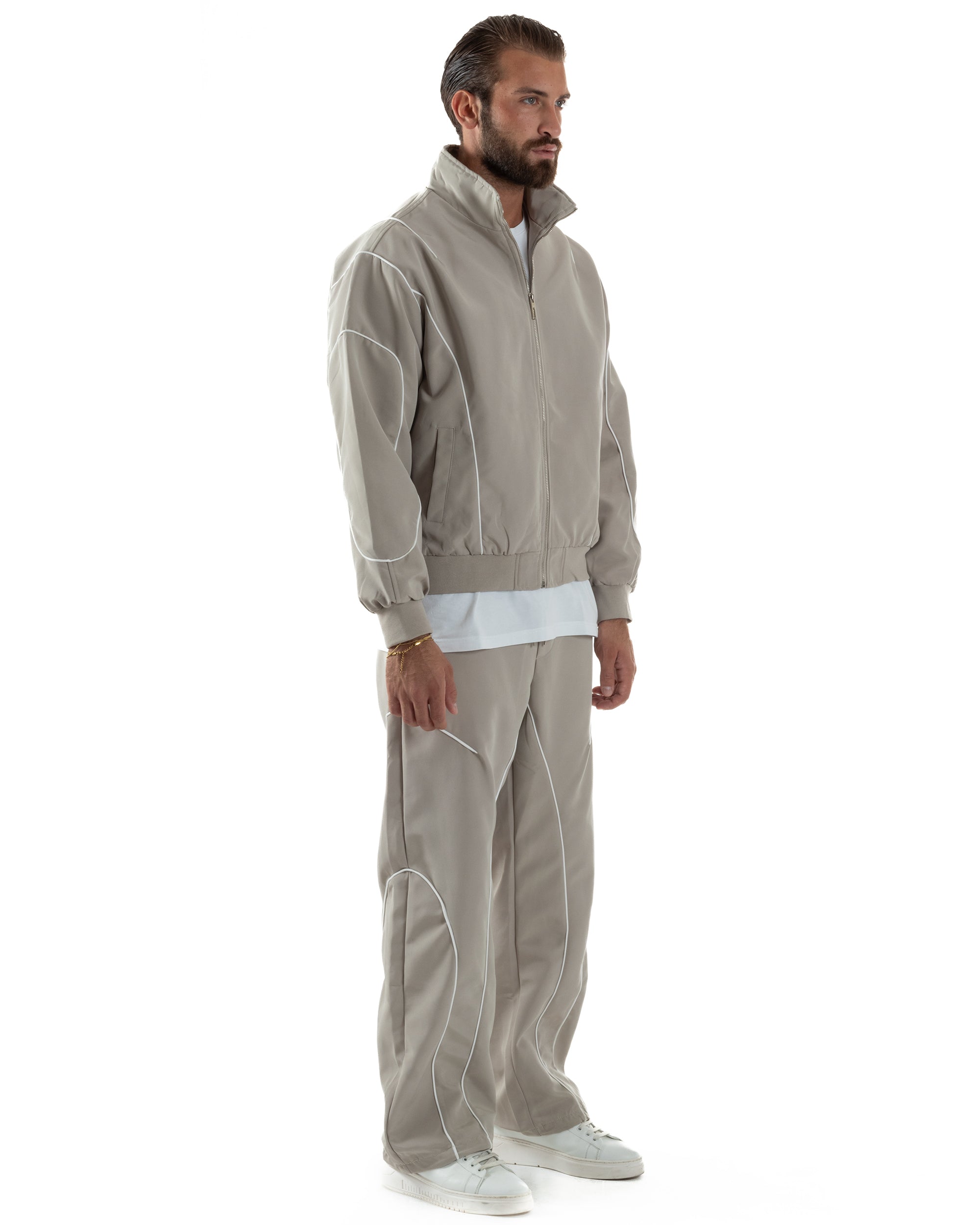 Coordinato Tuta Giacca Giubbotto Pantaloni Baggy Outfit Beige OU2532A