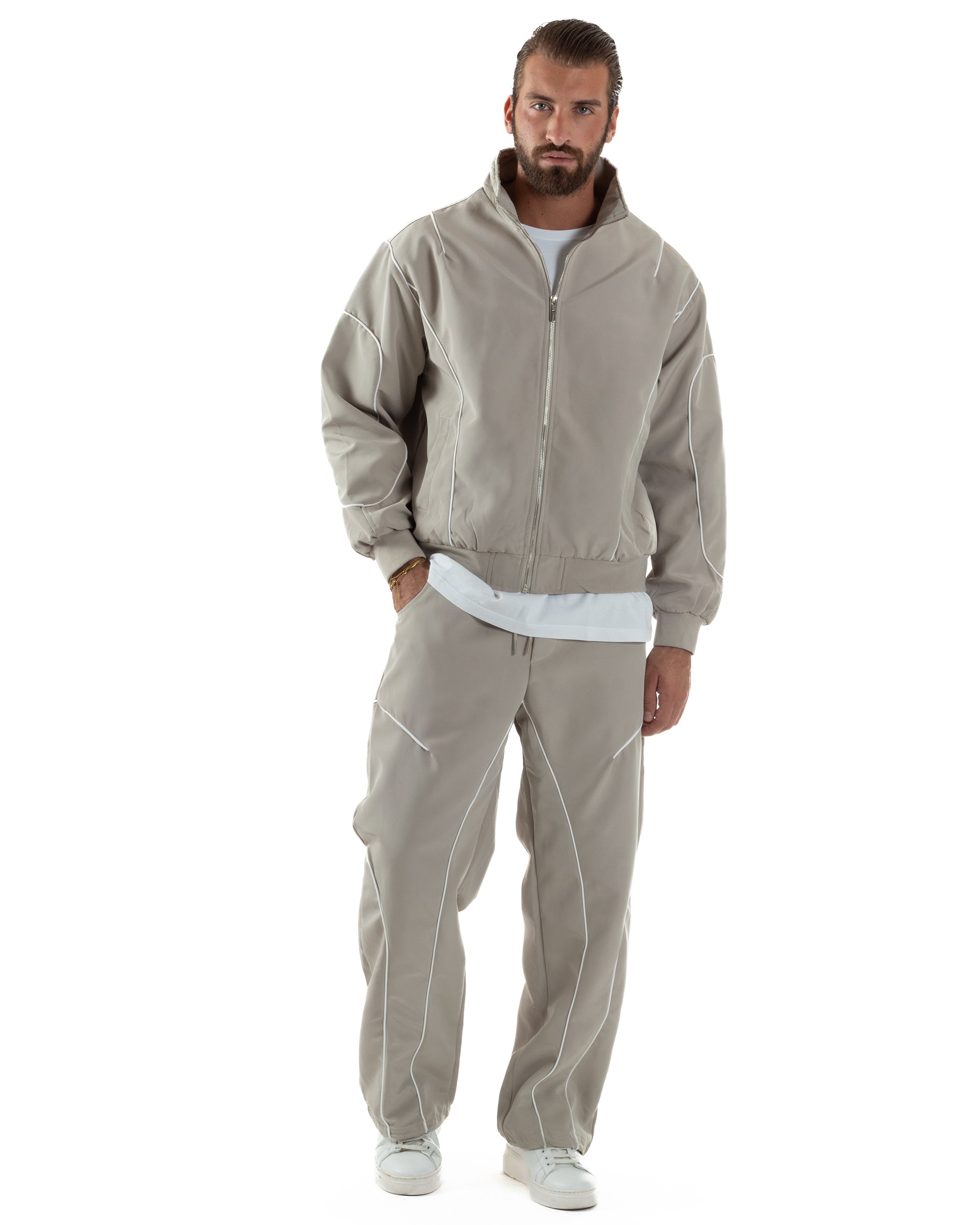 Coordinato Tuta Giacca Giubbotto Pantaloni Baggy Outfit Beige OU2532A