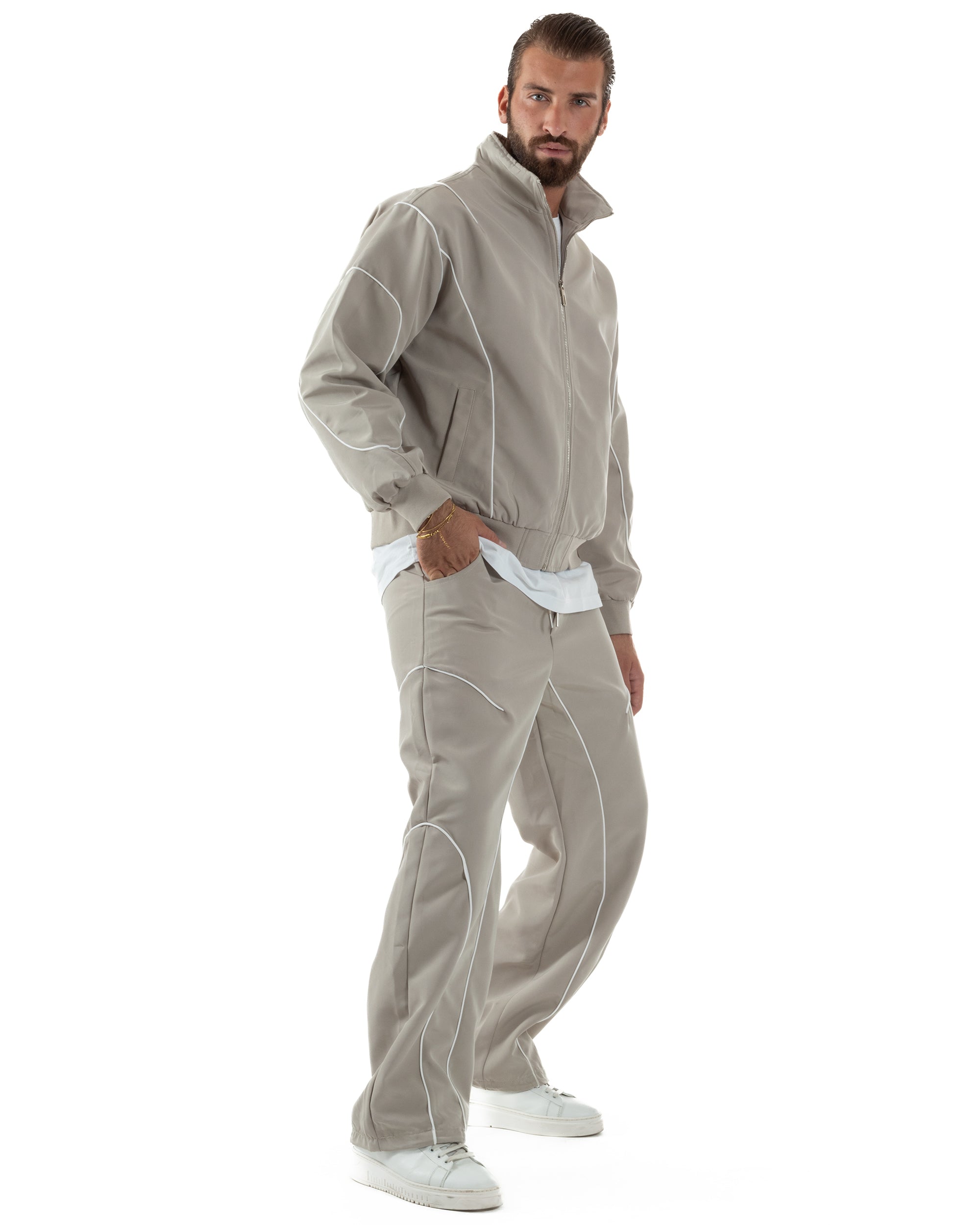 Coordinato Tuta Giacca Giubbotto Pantaloni Baggy Outfit Beige OU2532A