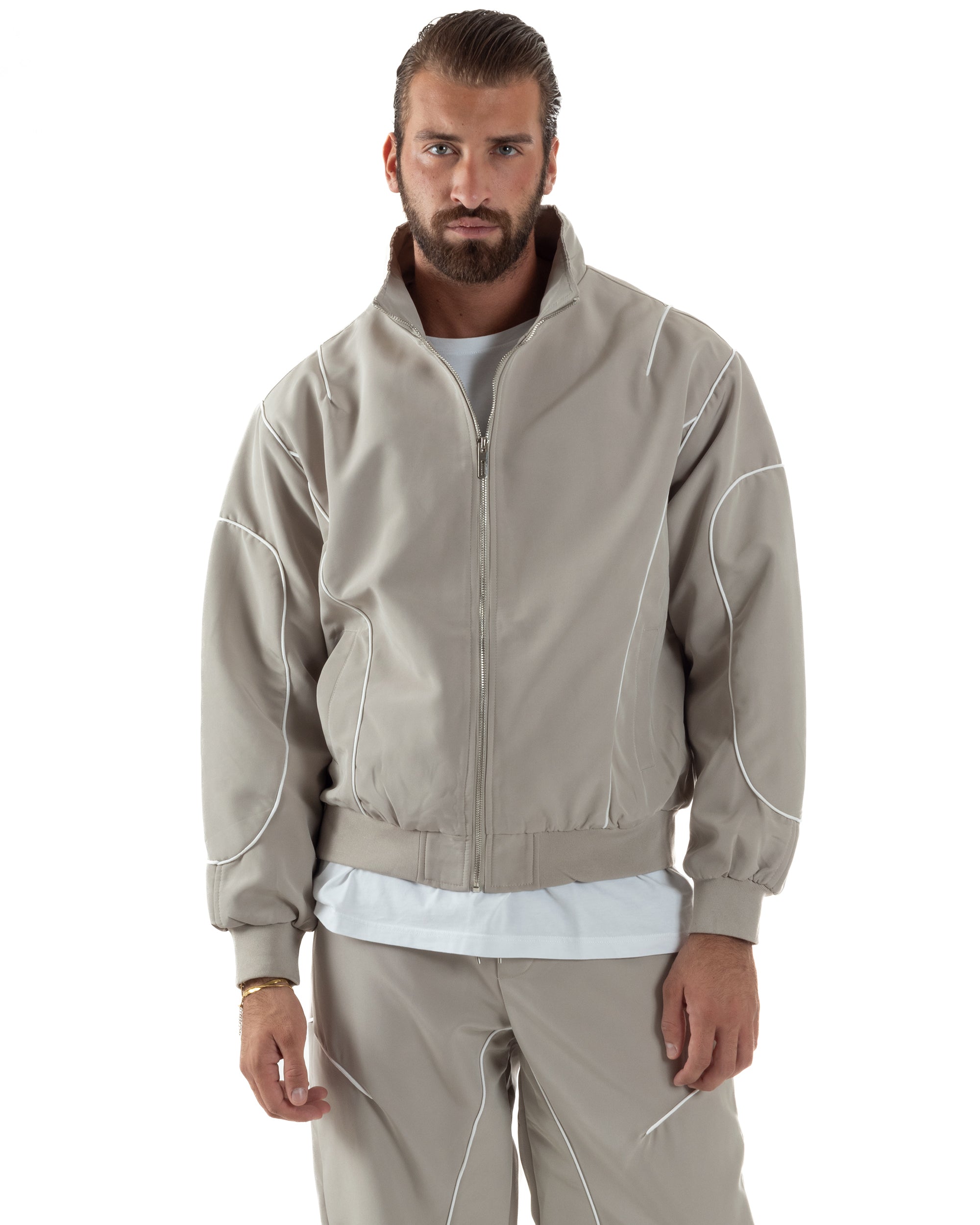 Coordinato Tuta Giacca Giubbotto Pantaloni Baggy Outfit Beige OU2532A