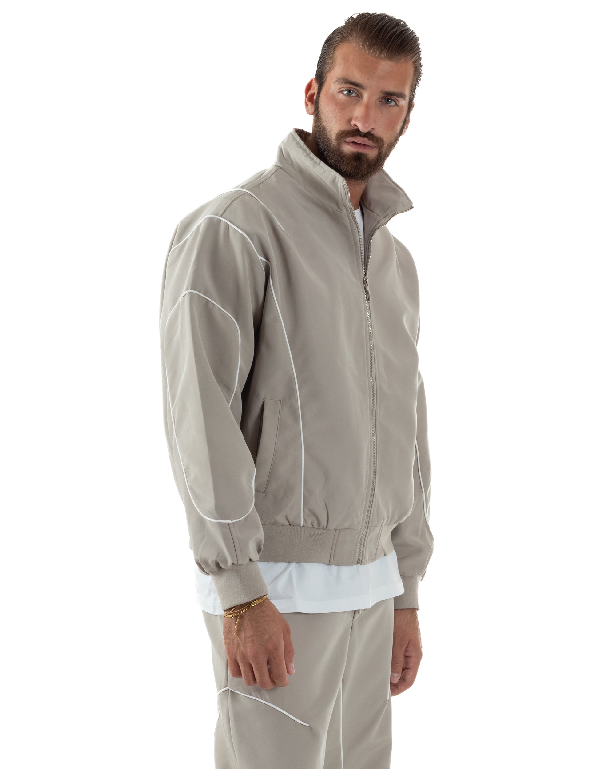 Coordinato Tuta Giacca Giubbotto Pantaloni Baggy Outfit Beige OU2532A