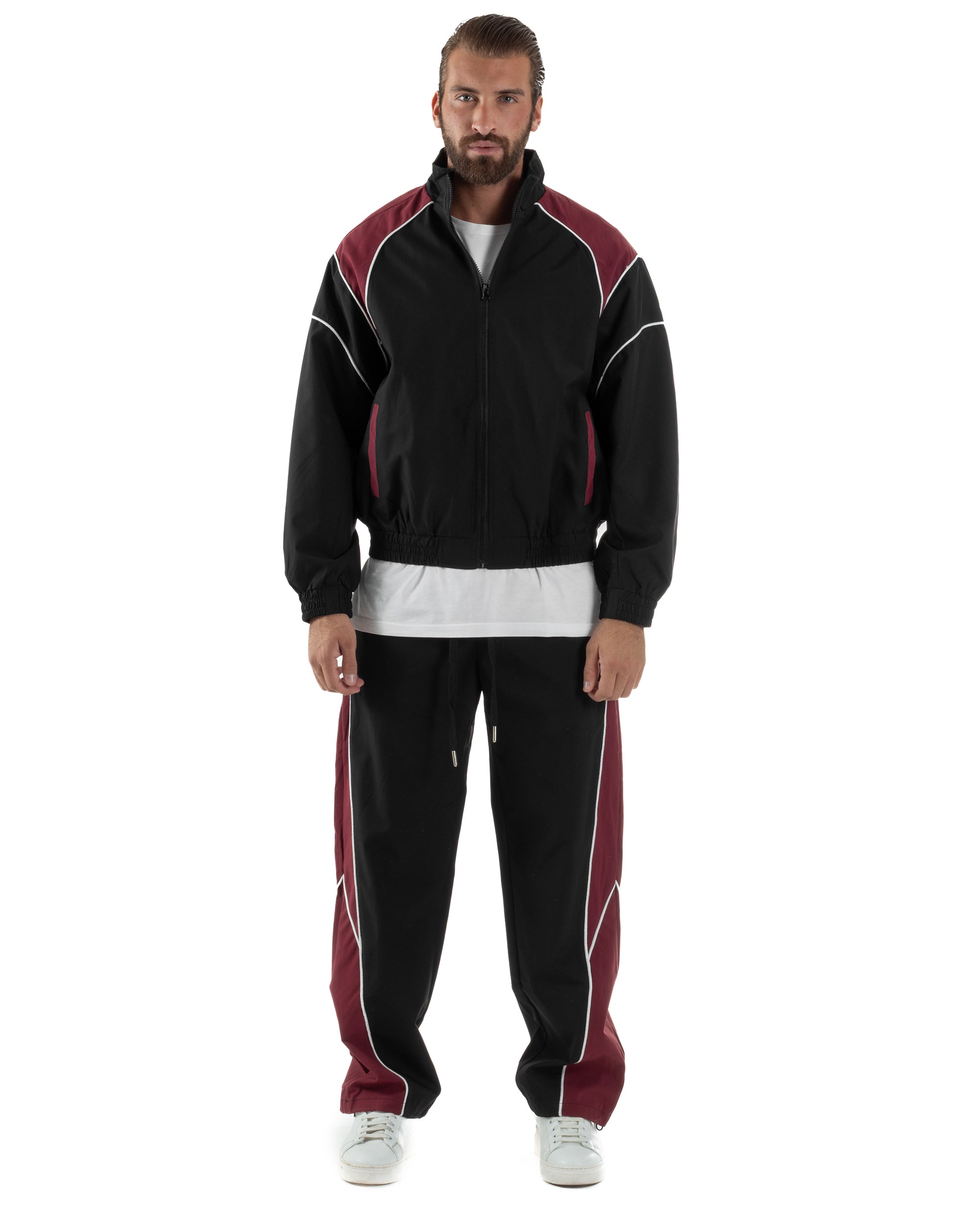 Coordinato Tuta Giacca Giubbotto Pantaloni Baggy Outfit Bicolore Nero OU2533A