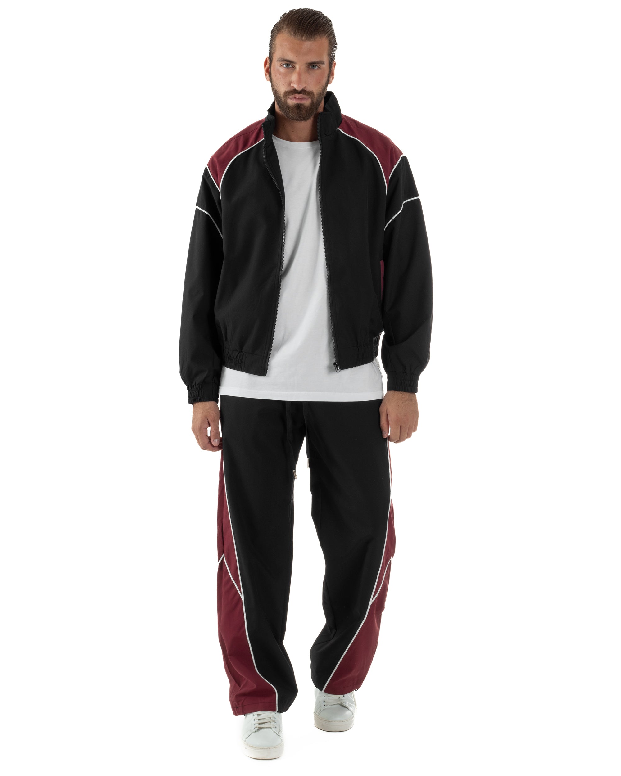 Coordinato Tuta Giacca Giubbotto Pantaloni Baggy Outfit Bicolore Nero OU2533A