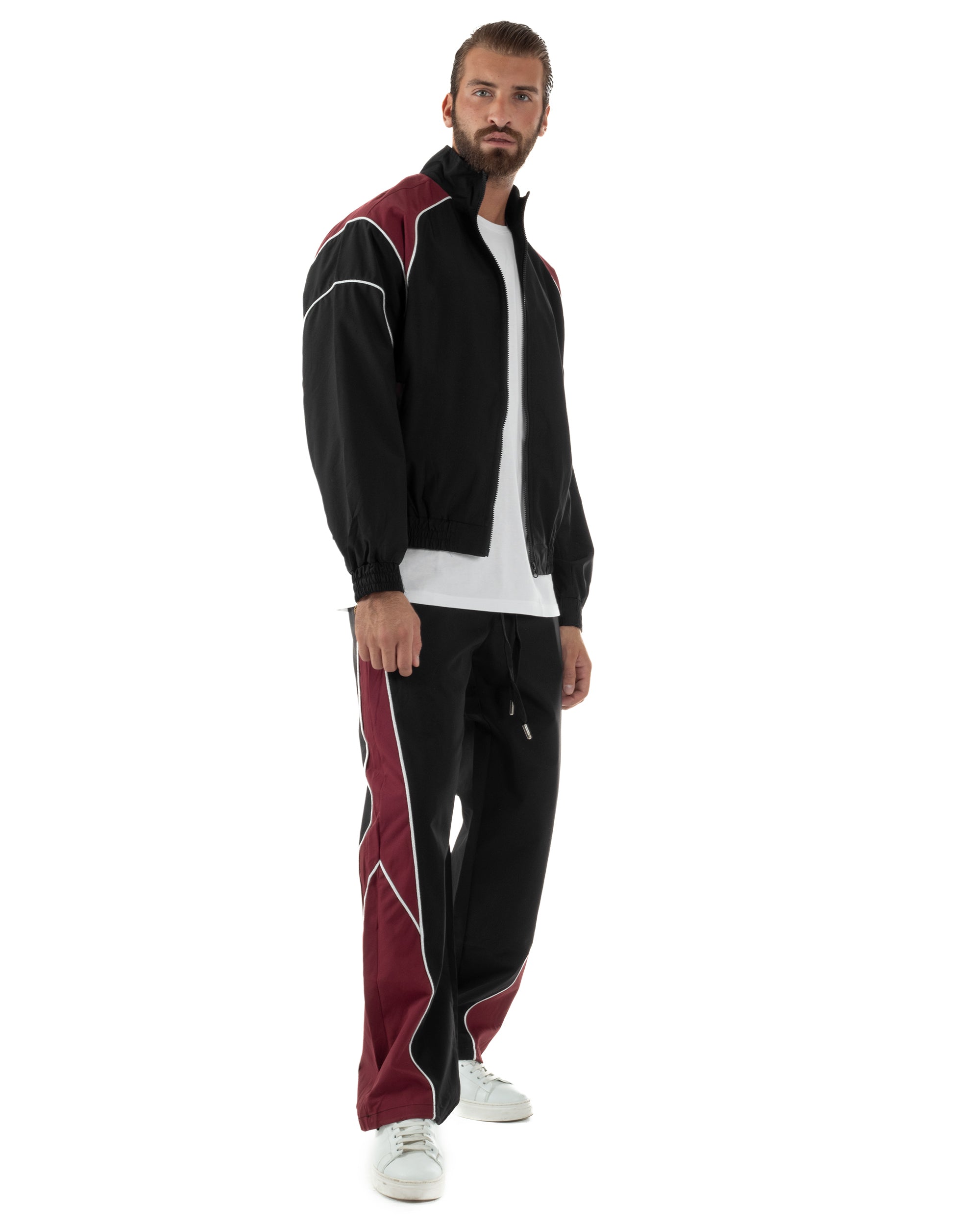 Coordinato Tuta Giacca Giubbotto Pantaloni Baggy Outfit Bicolore Nero OU2533A