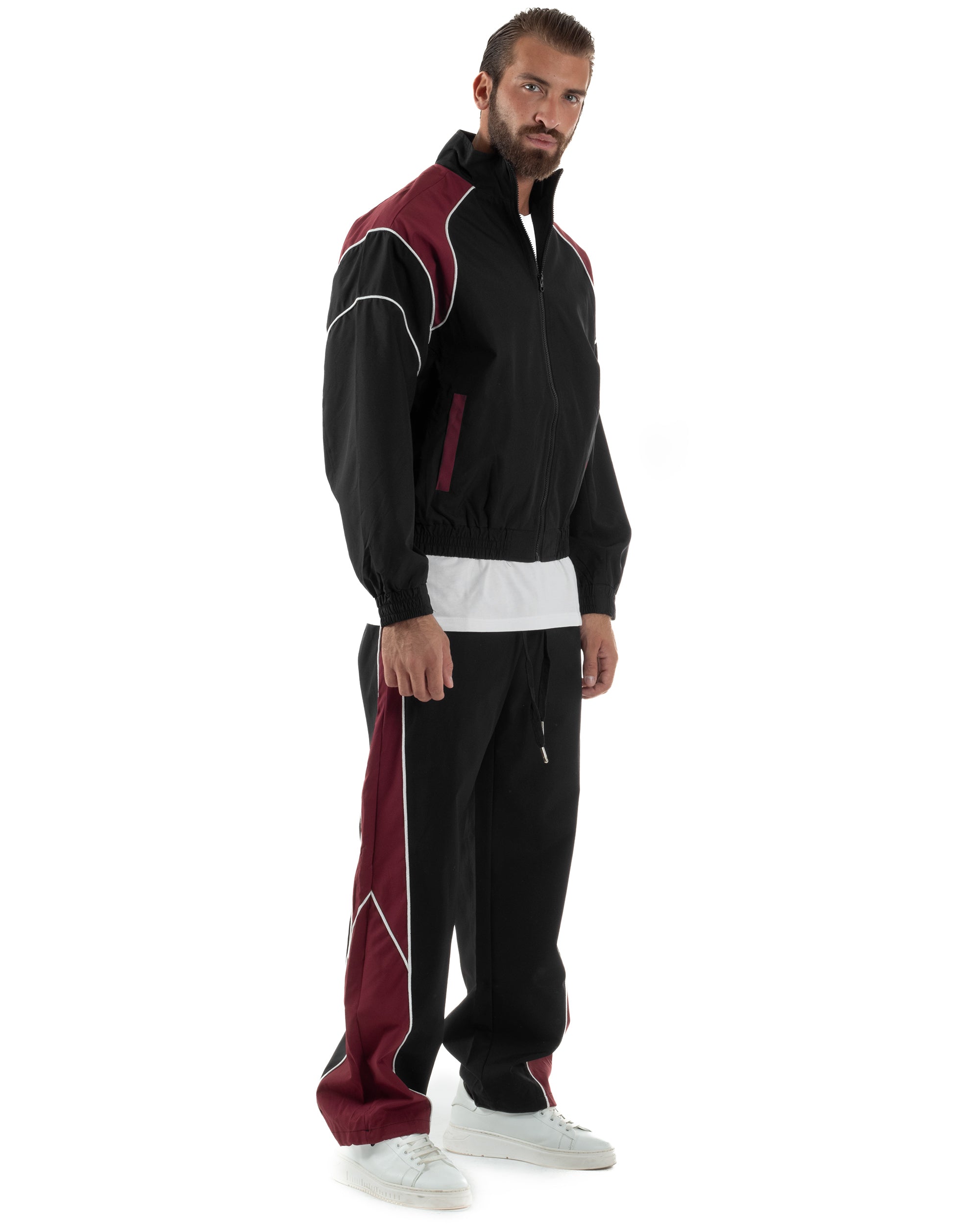 Coordinato Tuta Giacca Giubbotto Pantaloni Baggy Outfit Bicolore Nero OU2533A