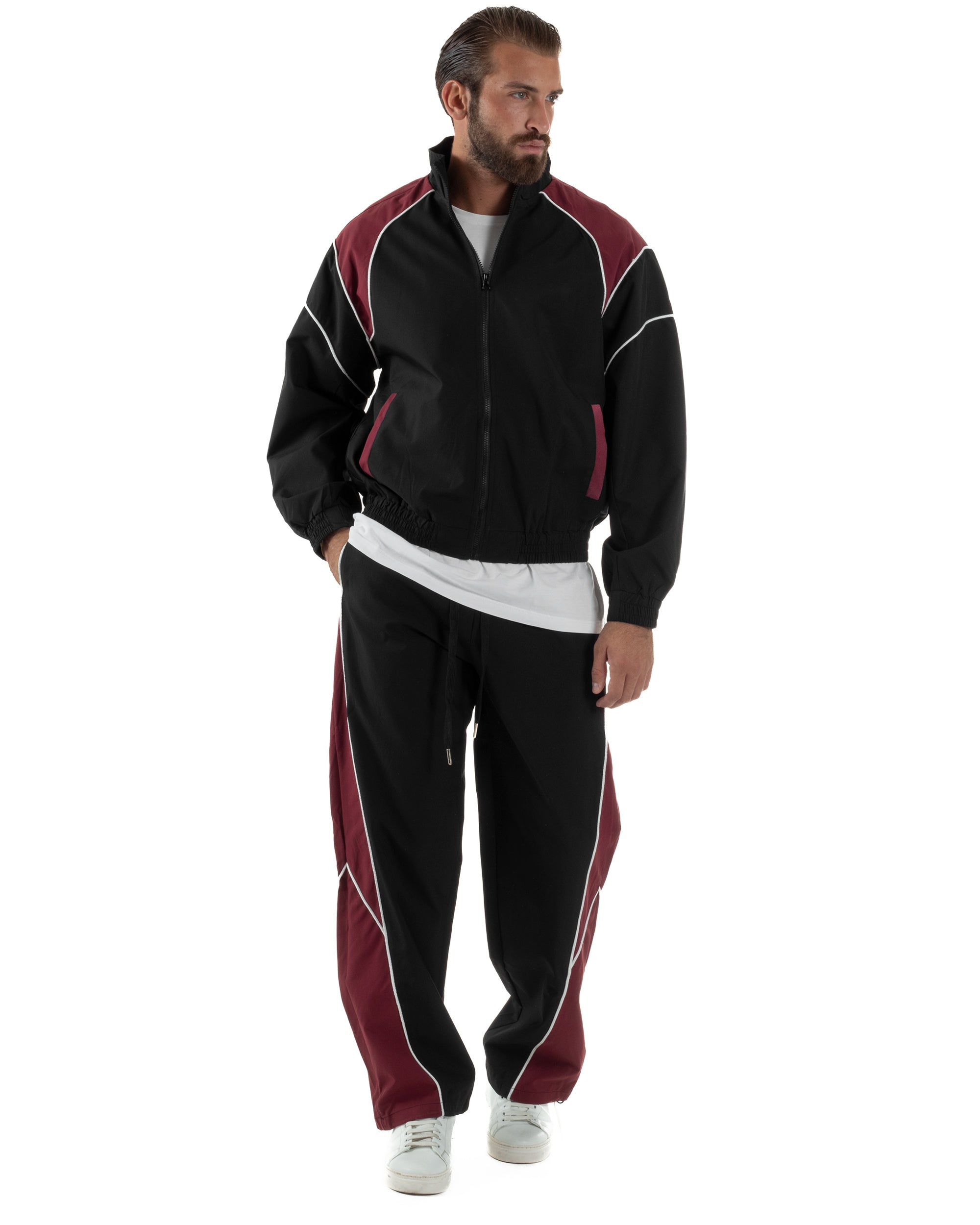 Coordinato Tuta Giacca Giubbotto Pantaloni Baggy Outfit Bicolore Nero OU2533A