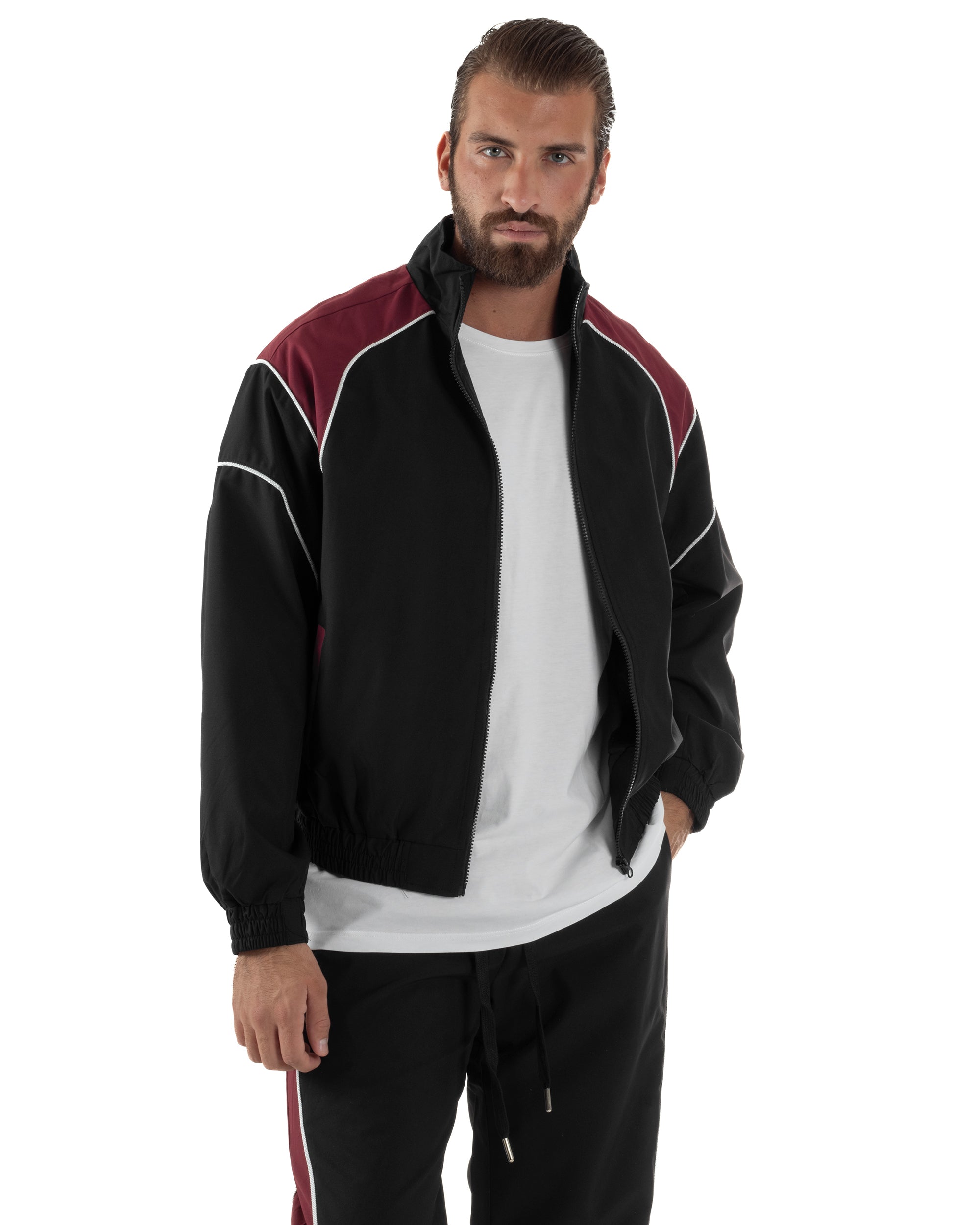 Coordinato Tuta Giacca Giubbotto Pantaloni Baggy Outfit Bicolore Nero OU2533A