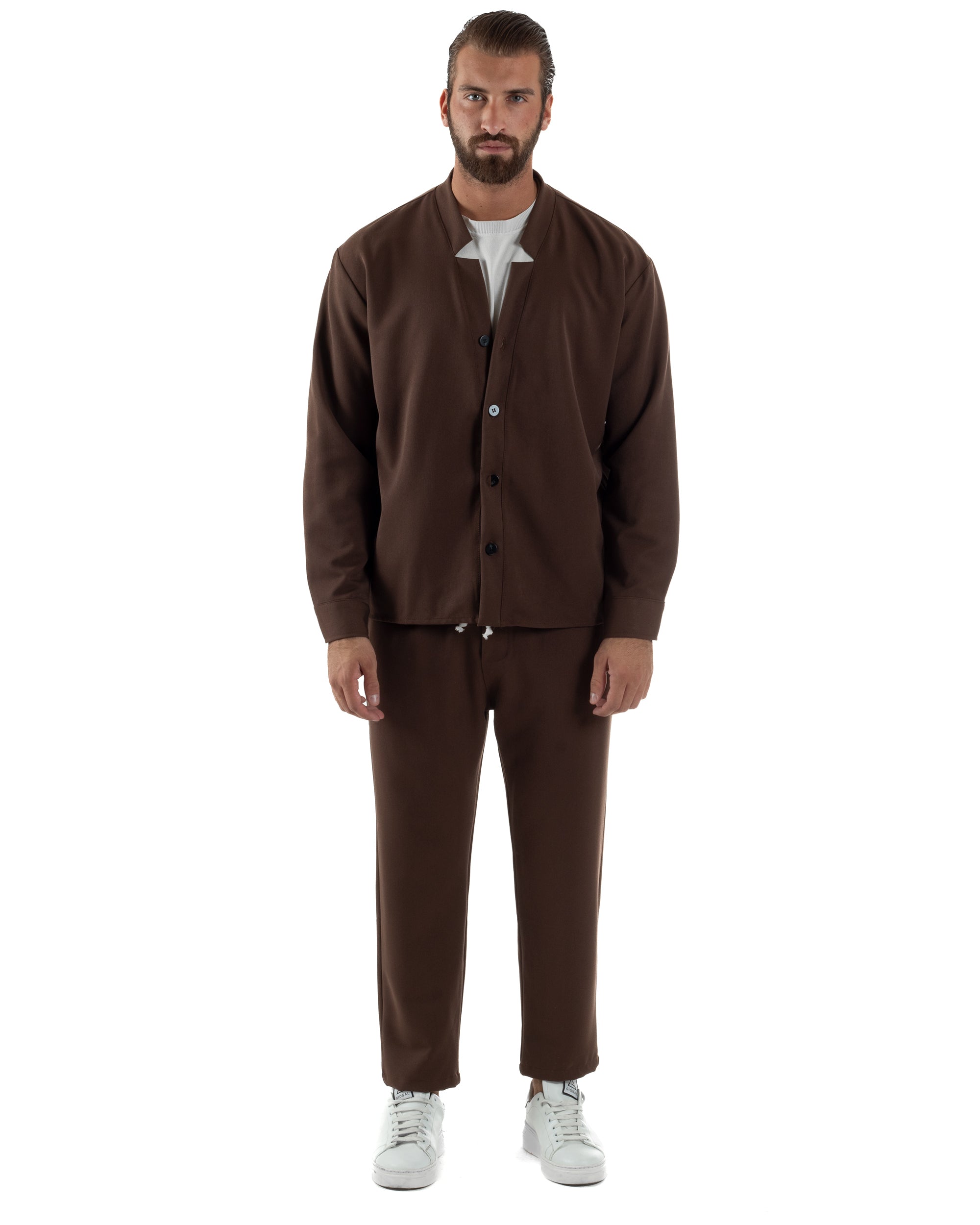 Coordinato Camicia Pantaloni Viscosa Casual Marrone OU2534A