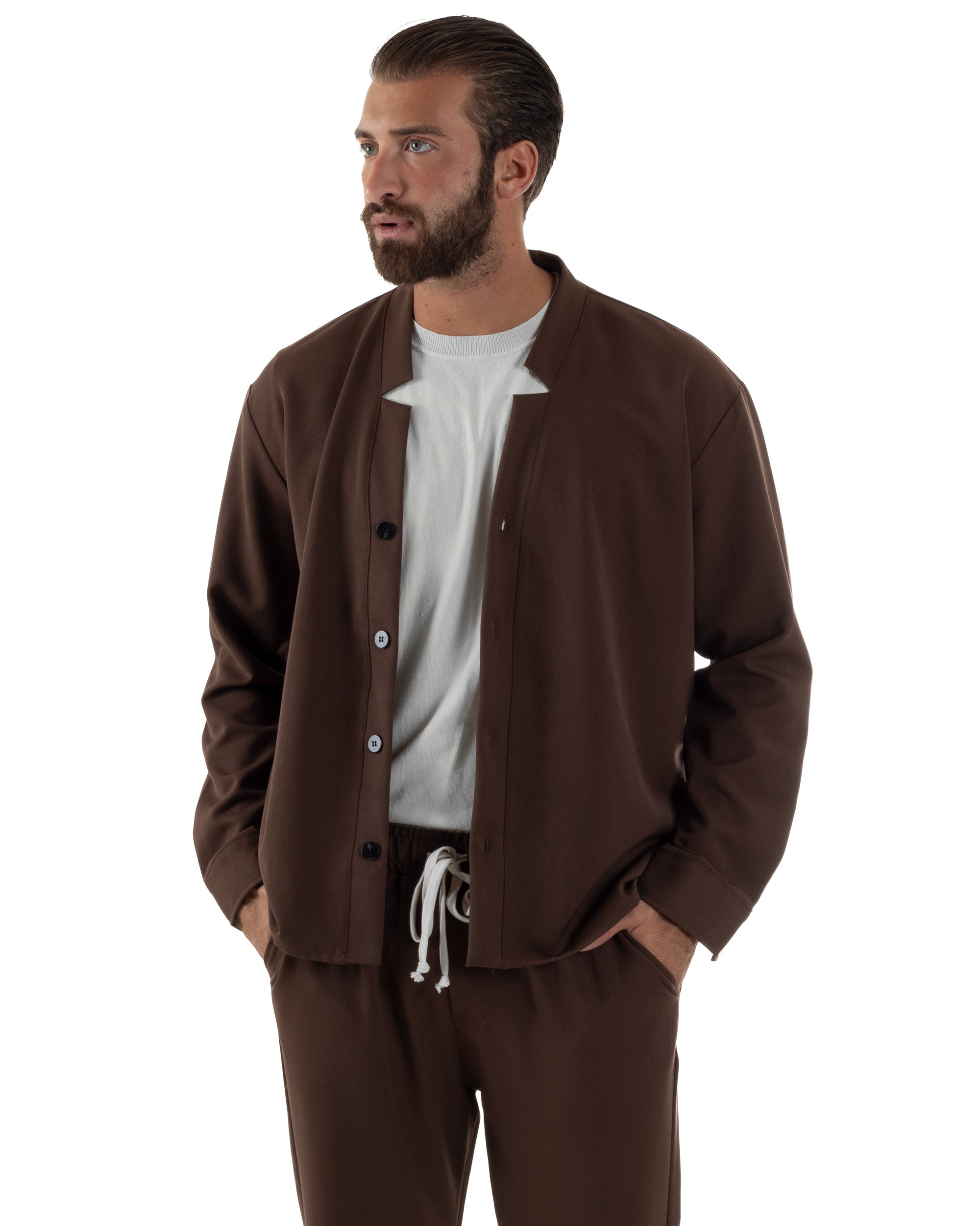 Coordinato Camicia Pantaloni Viscosa Casual Marrone OU2534A