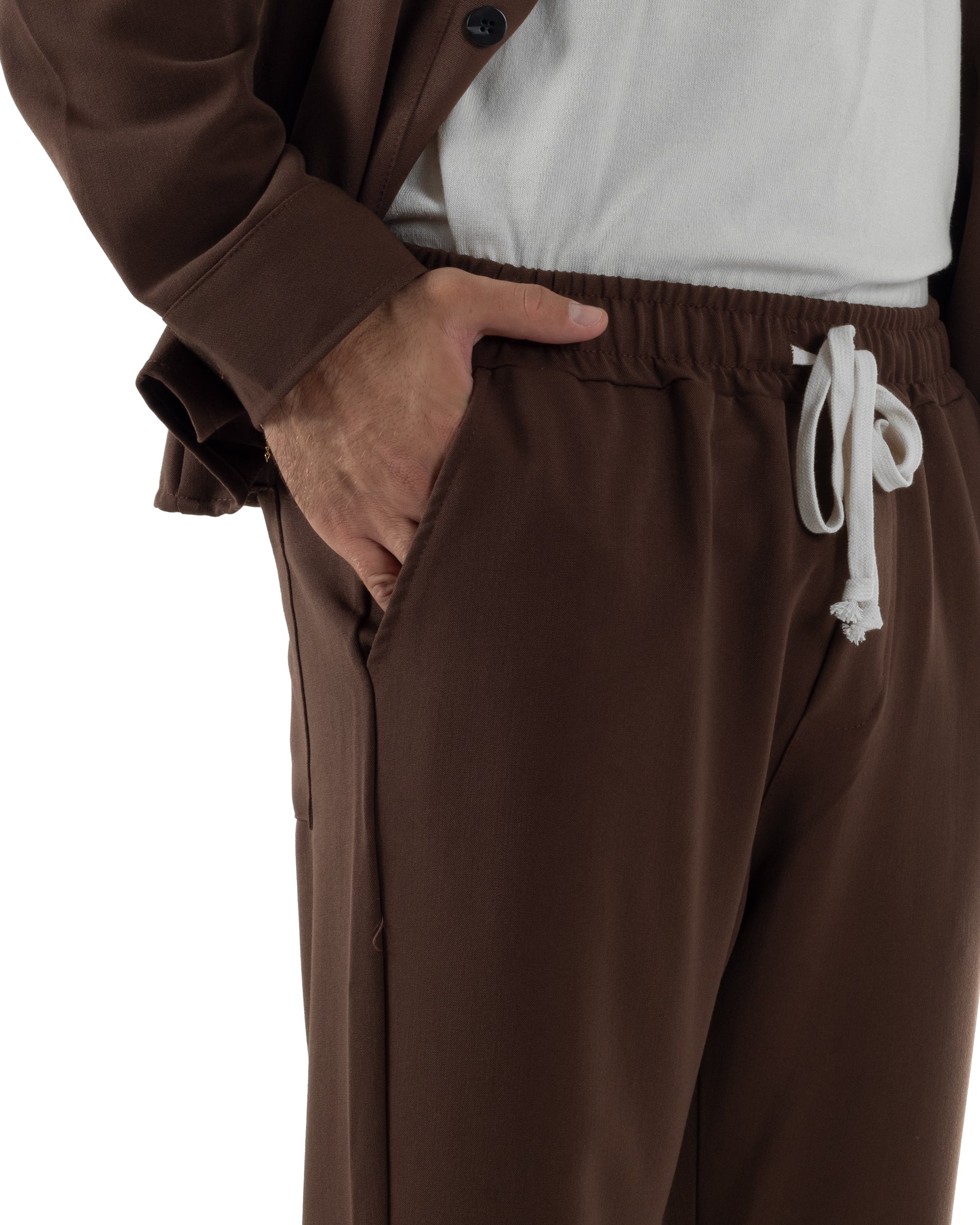 Coordinato Camicia Pantaloni Viscosa Casual Marrone OU2534A