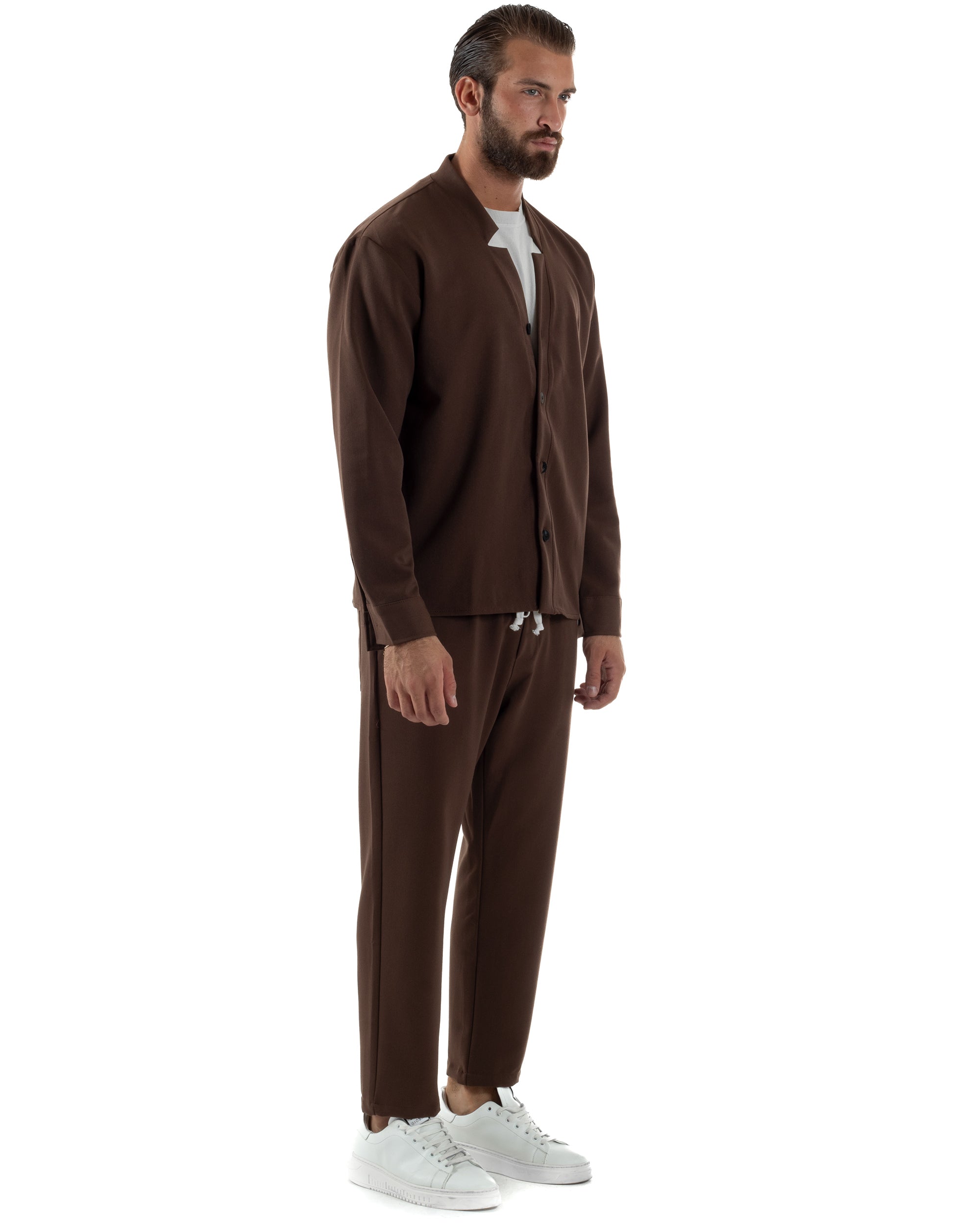 Coordinato Camicia Pantaloni Viscosa Casual Marrone OU2534A