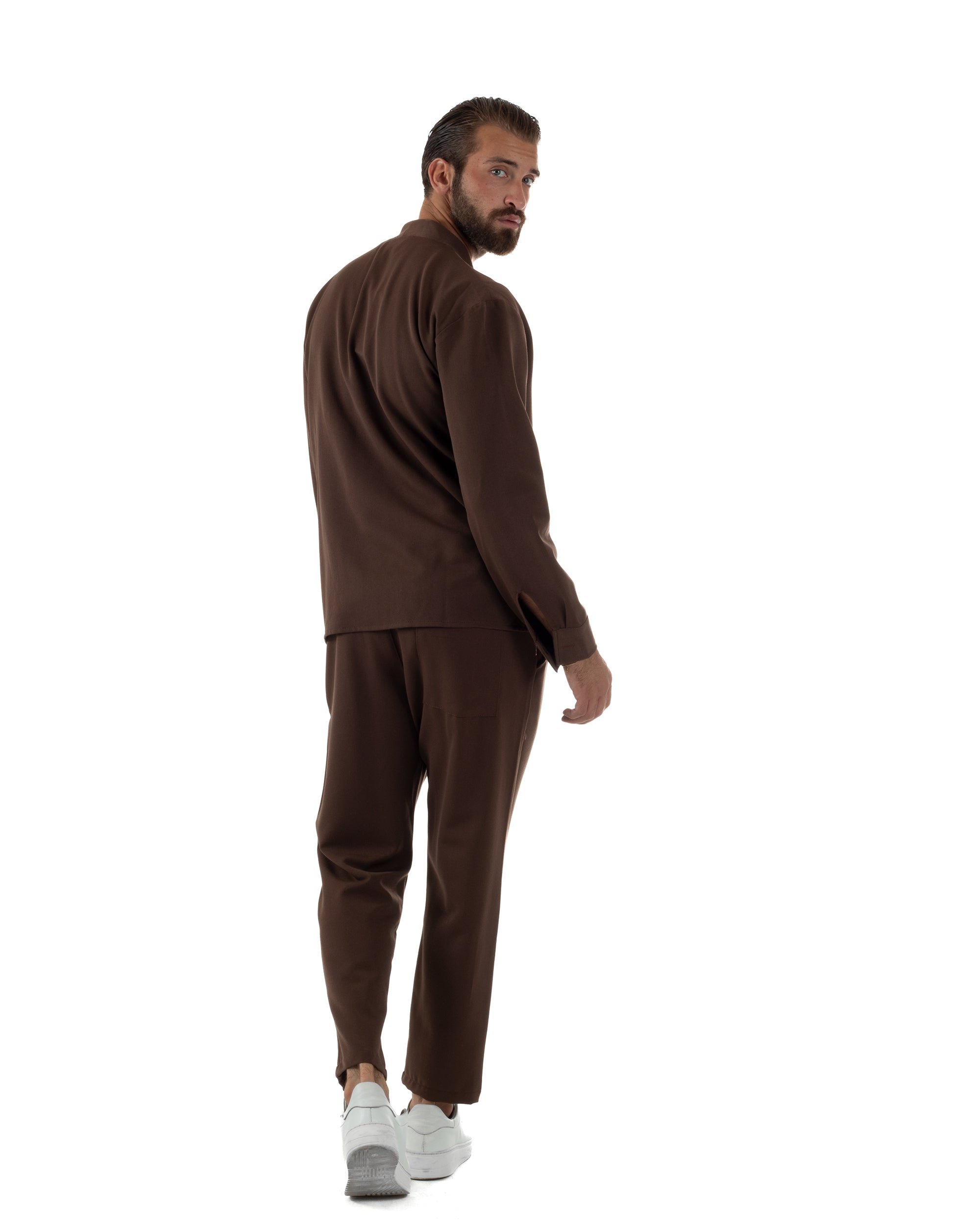 Coordinato Camicia Pantaloni Viscosa Casual Marrone OU2534A