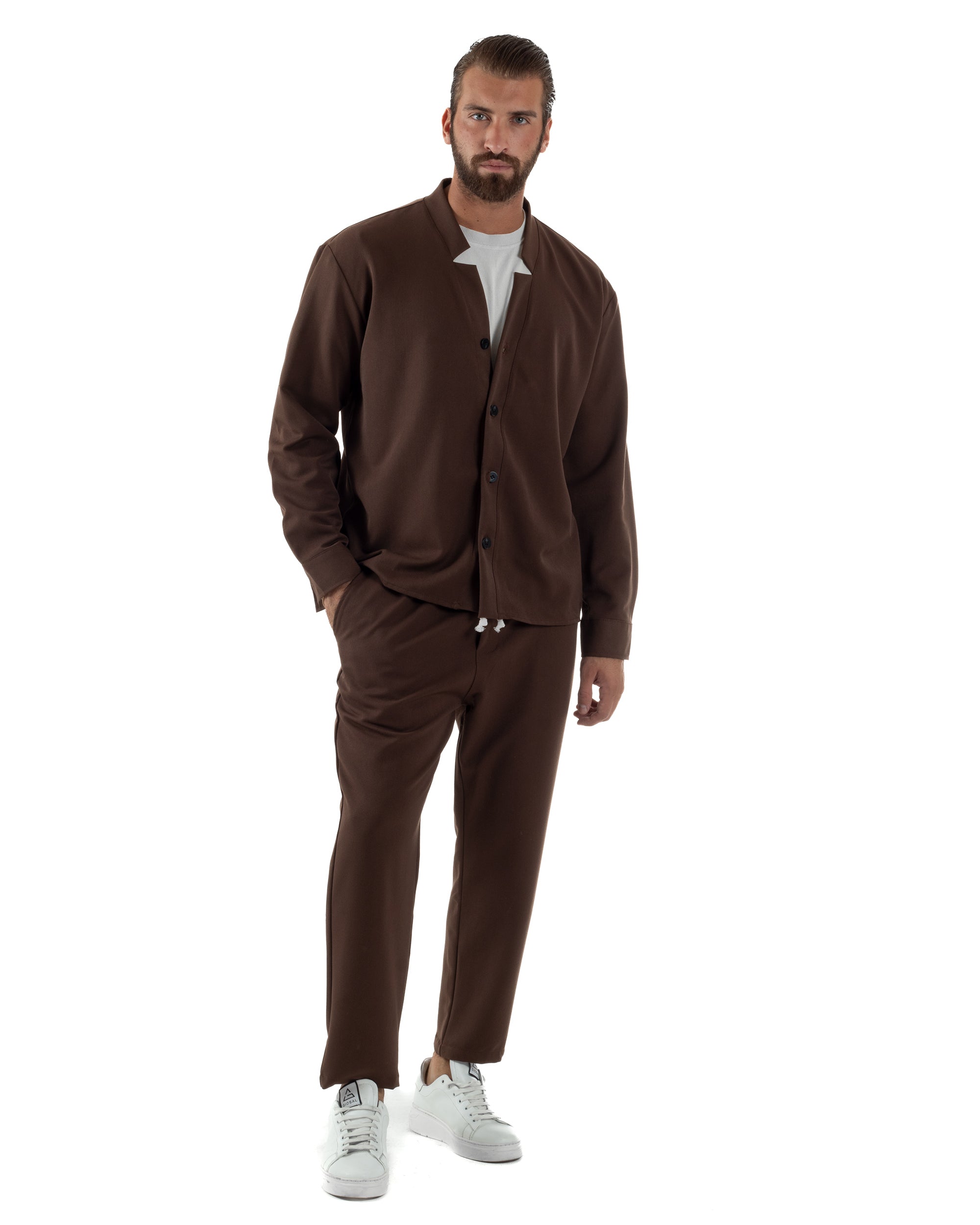 Coordinato Camicia Pantaloni Viscosa Casual Marrone OU2534A