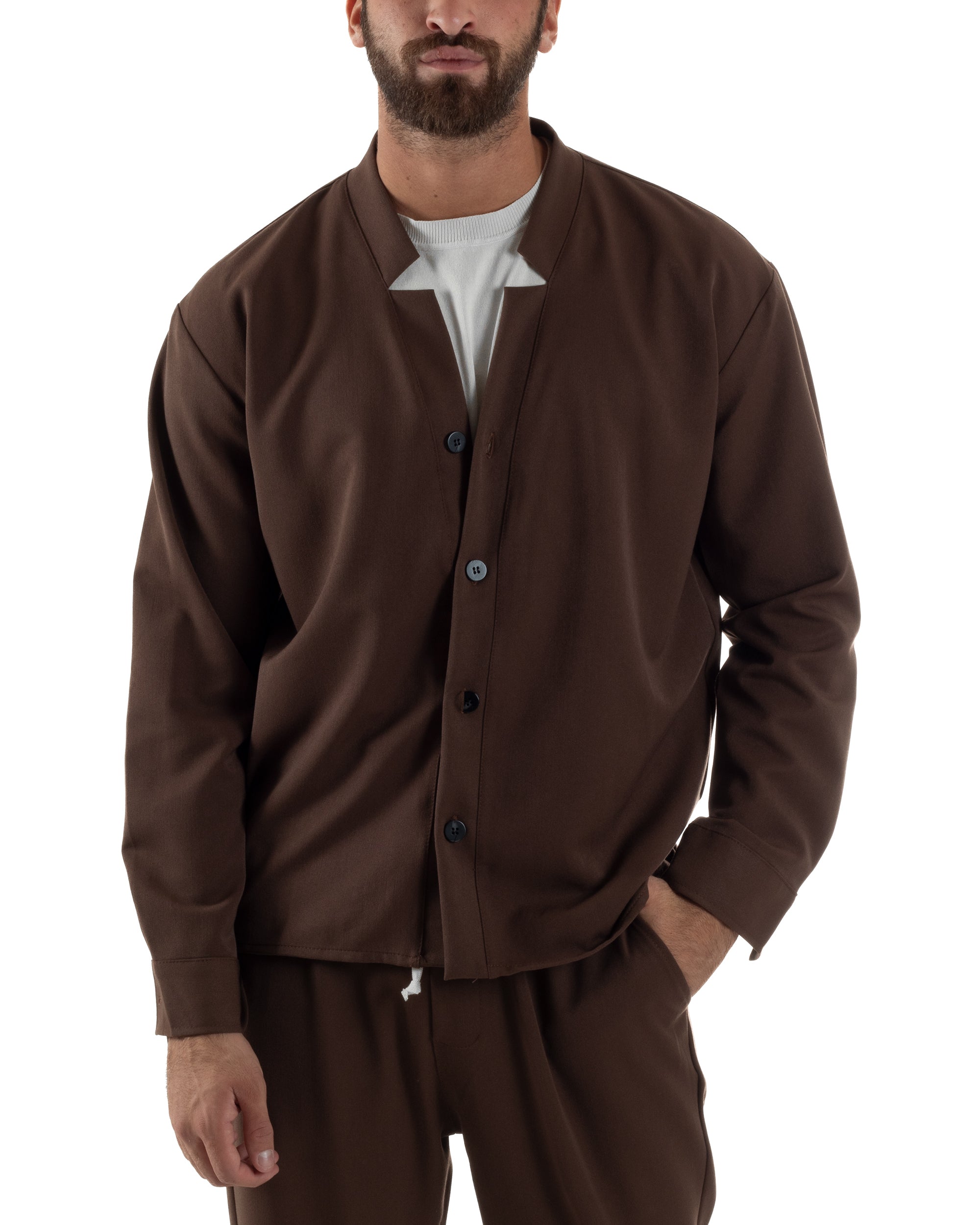 Coordinato Camicia Pantaloni Viscosa Casual Marrone OU2534A