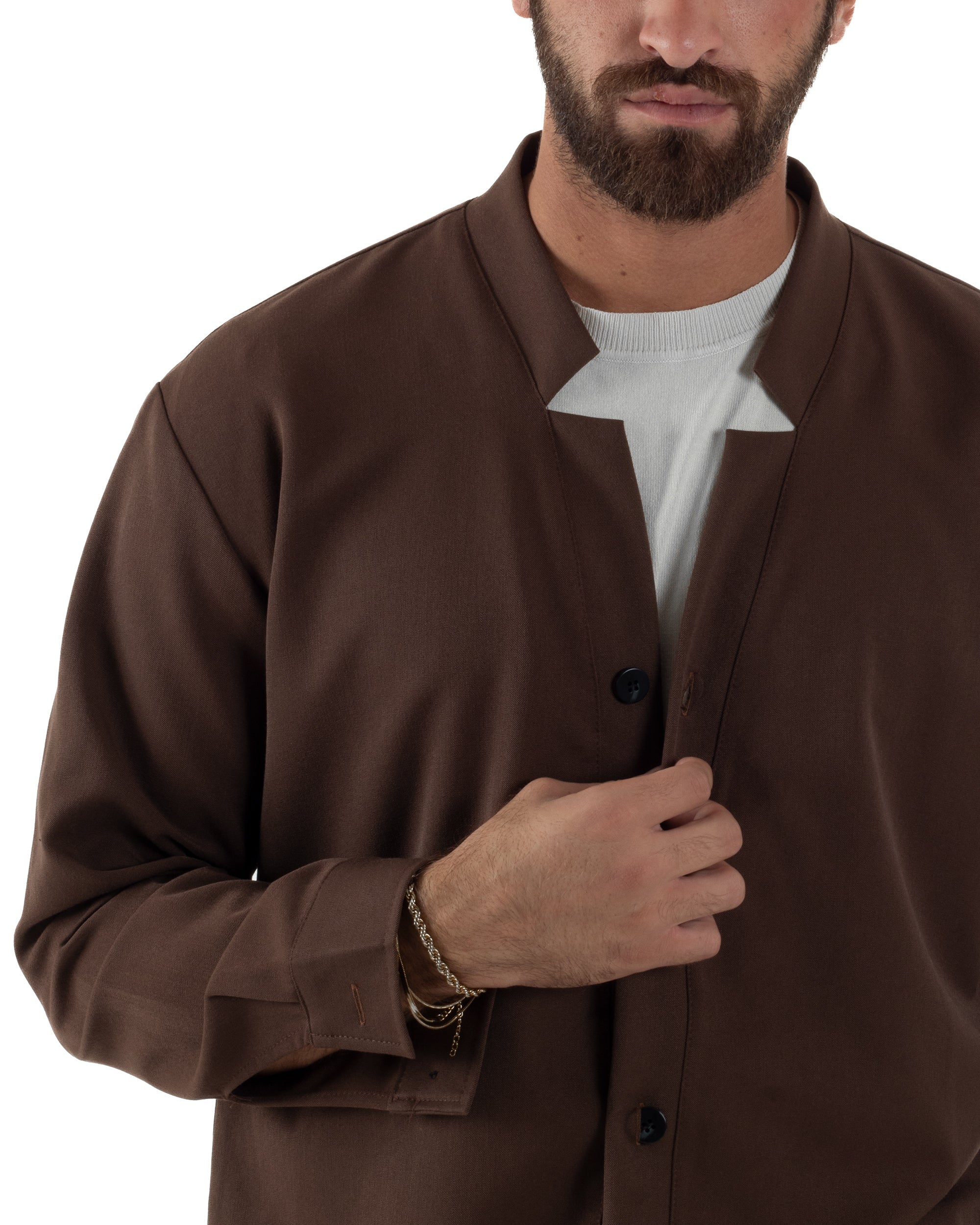 Coordinato Camicia Pantaloni Viscosa Casual Marrone OU2534A