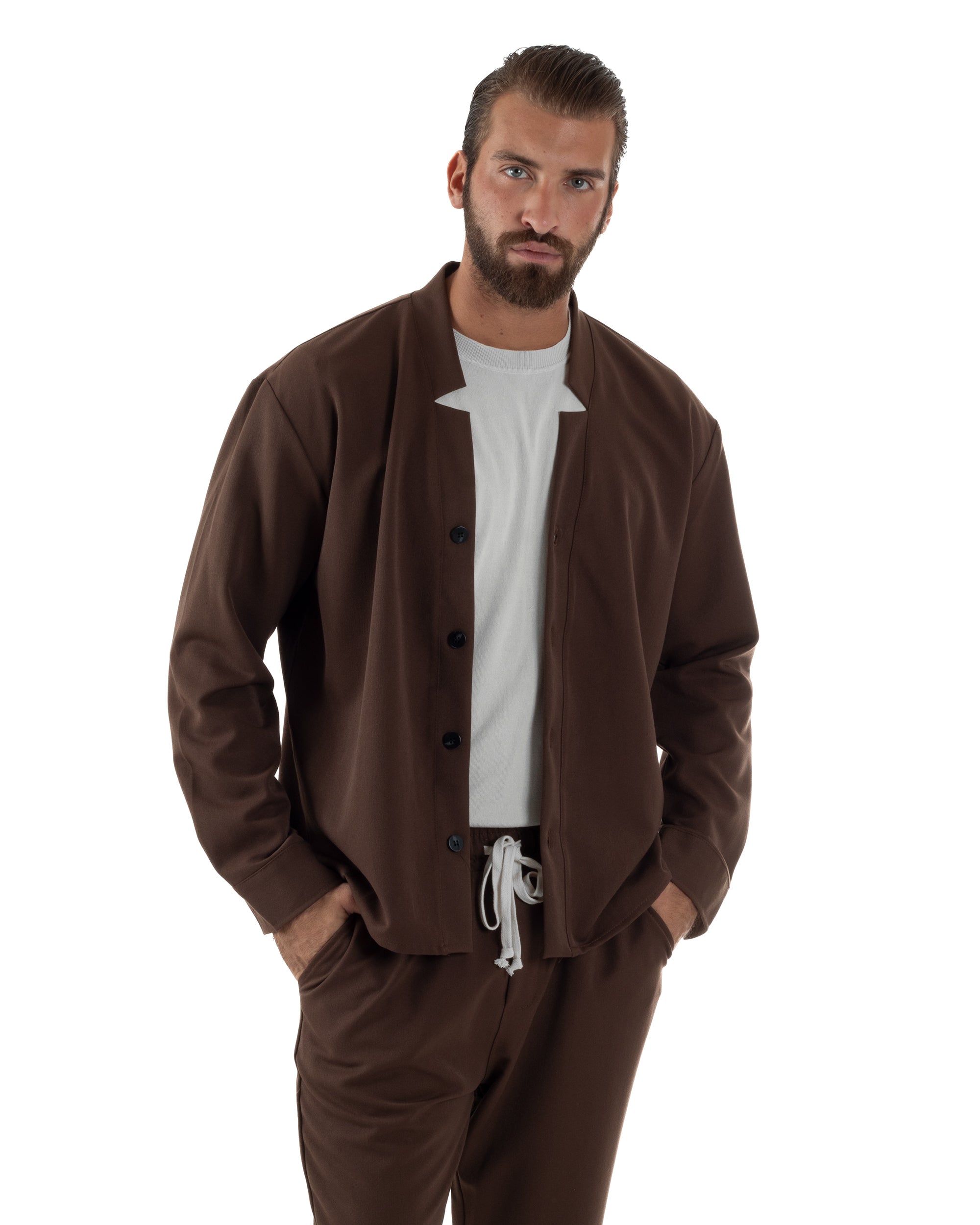 Coordinato Camicia Pantaloni Viscosa Casual Marrone OU2534A