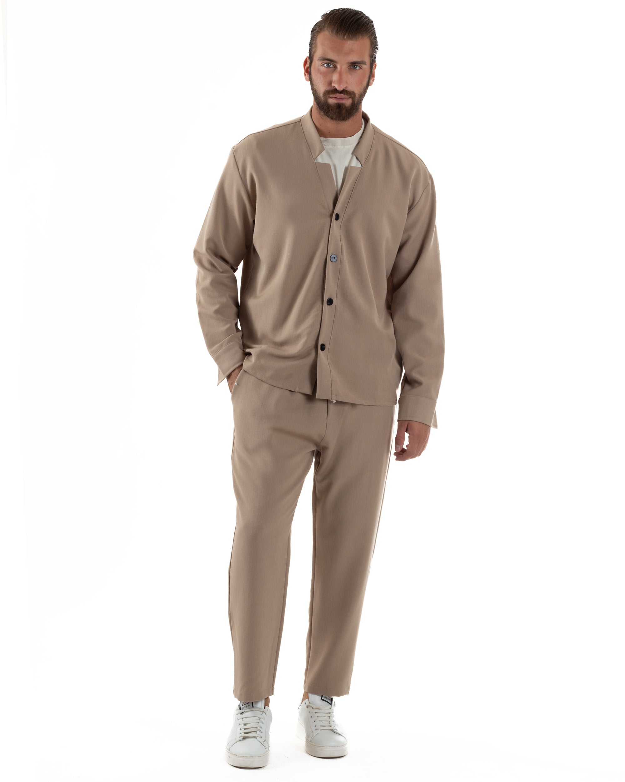 Coordinato Camicia Pantaloni Viscosa Casual Beige OU2535A