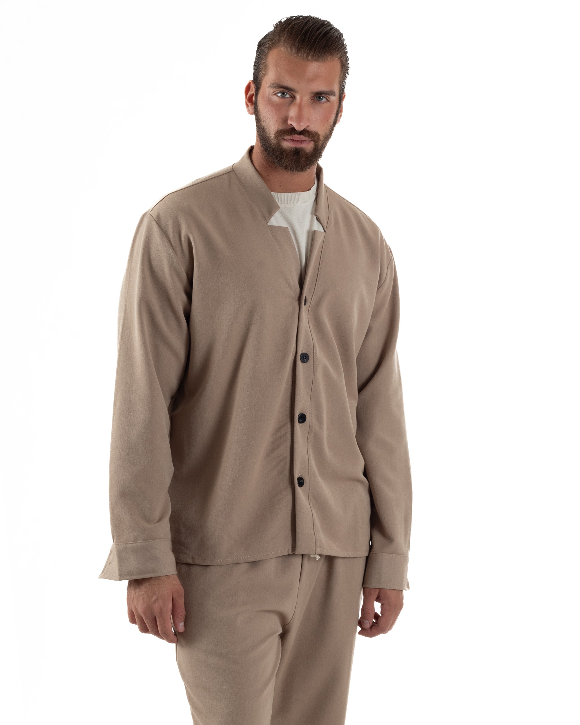 Coordinato Camicia Pantaloni Viscosa Casual Beige OU2535A