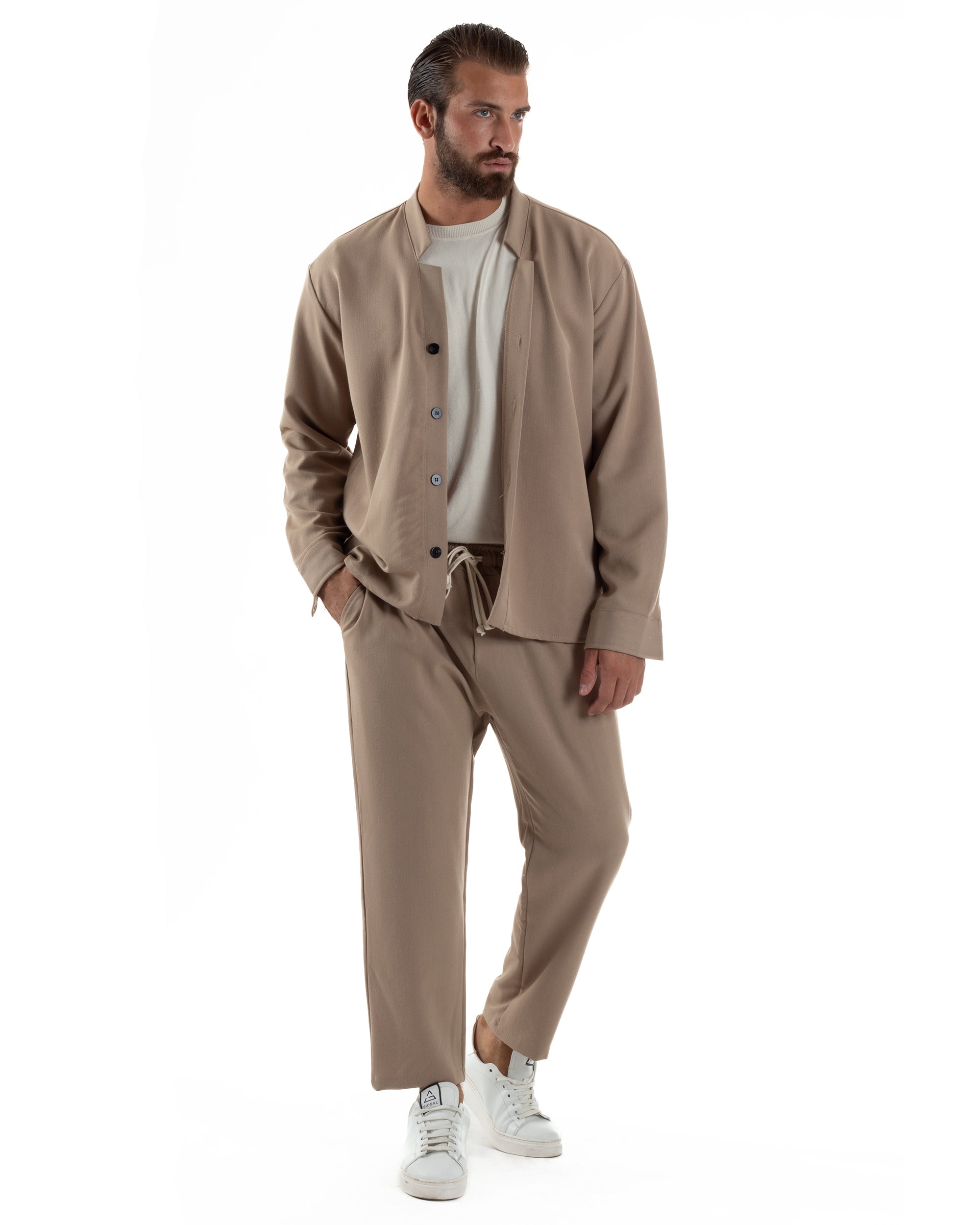 Coordinato Camicia Pantaloni Viscosa Casual Beige OU2535A