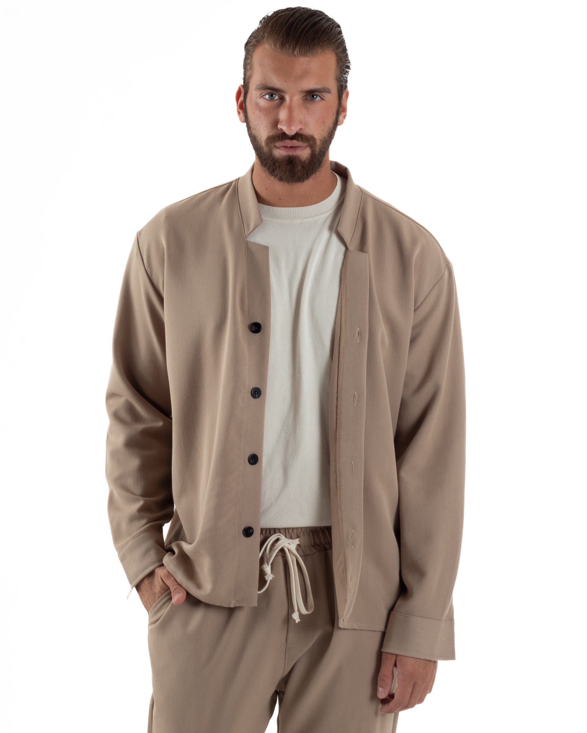 Coordinato Camicia Pantaloni Viscosa Casual Beige OU2535A