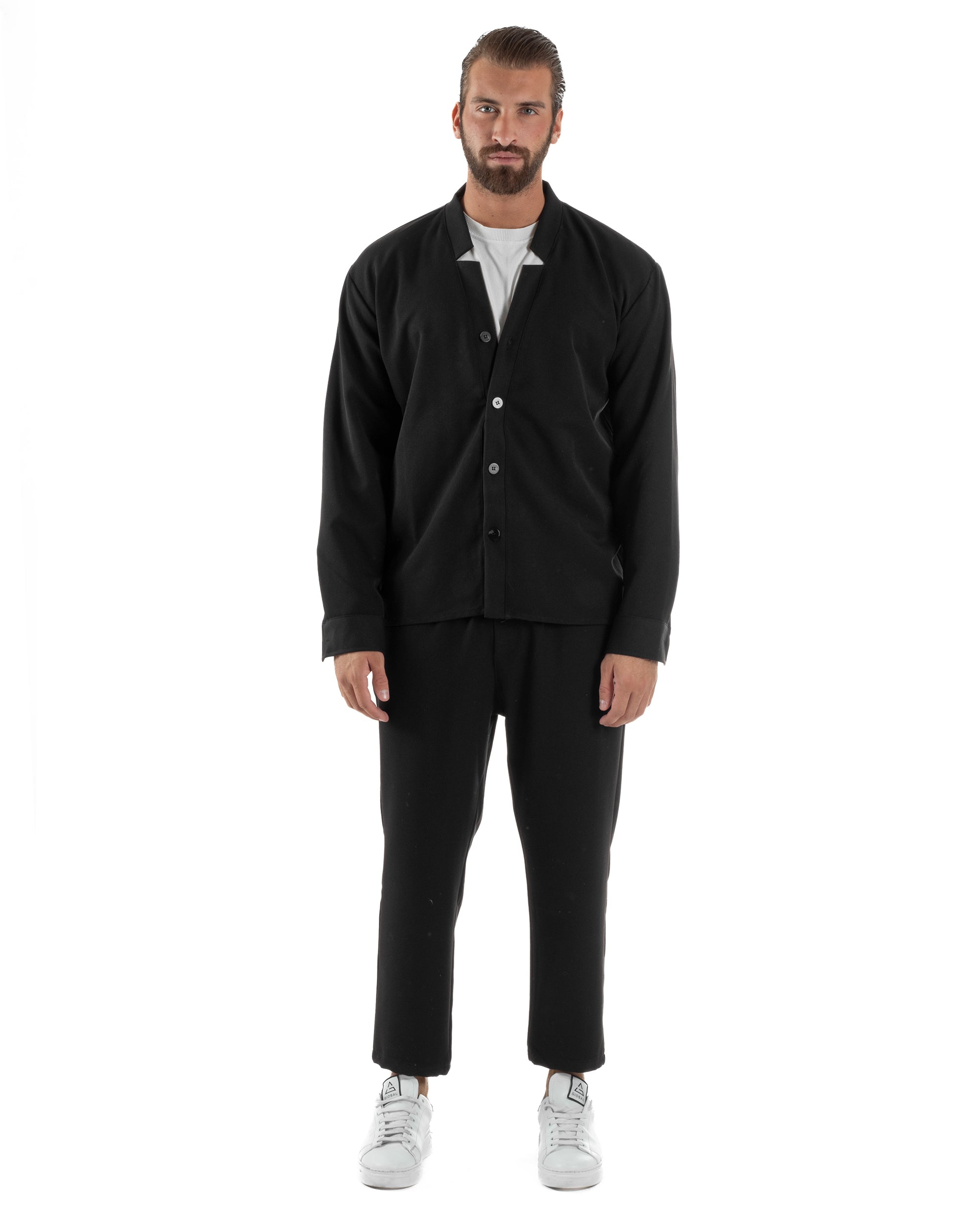 Coordinato Camicia Pantaloni Viscosa Casual Nero OU2536A