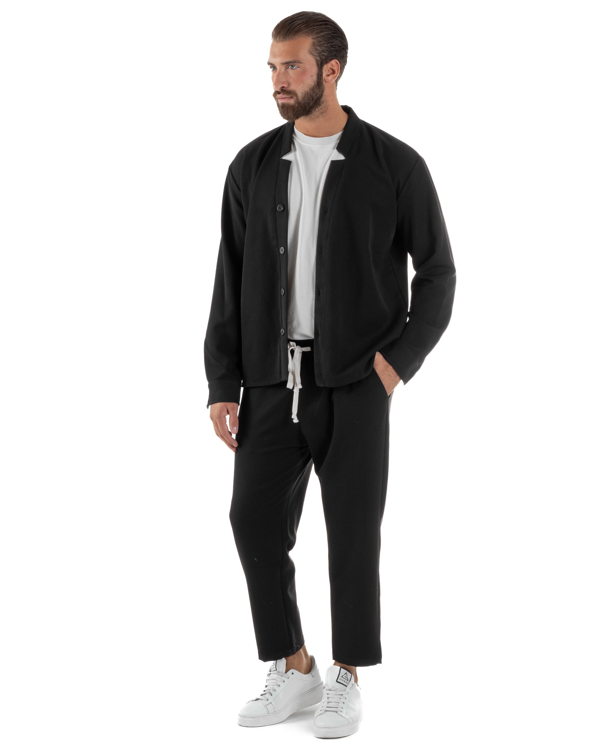 Coordinato Camicia Pantaloni Viscosa Casual Nero OU2536A