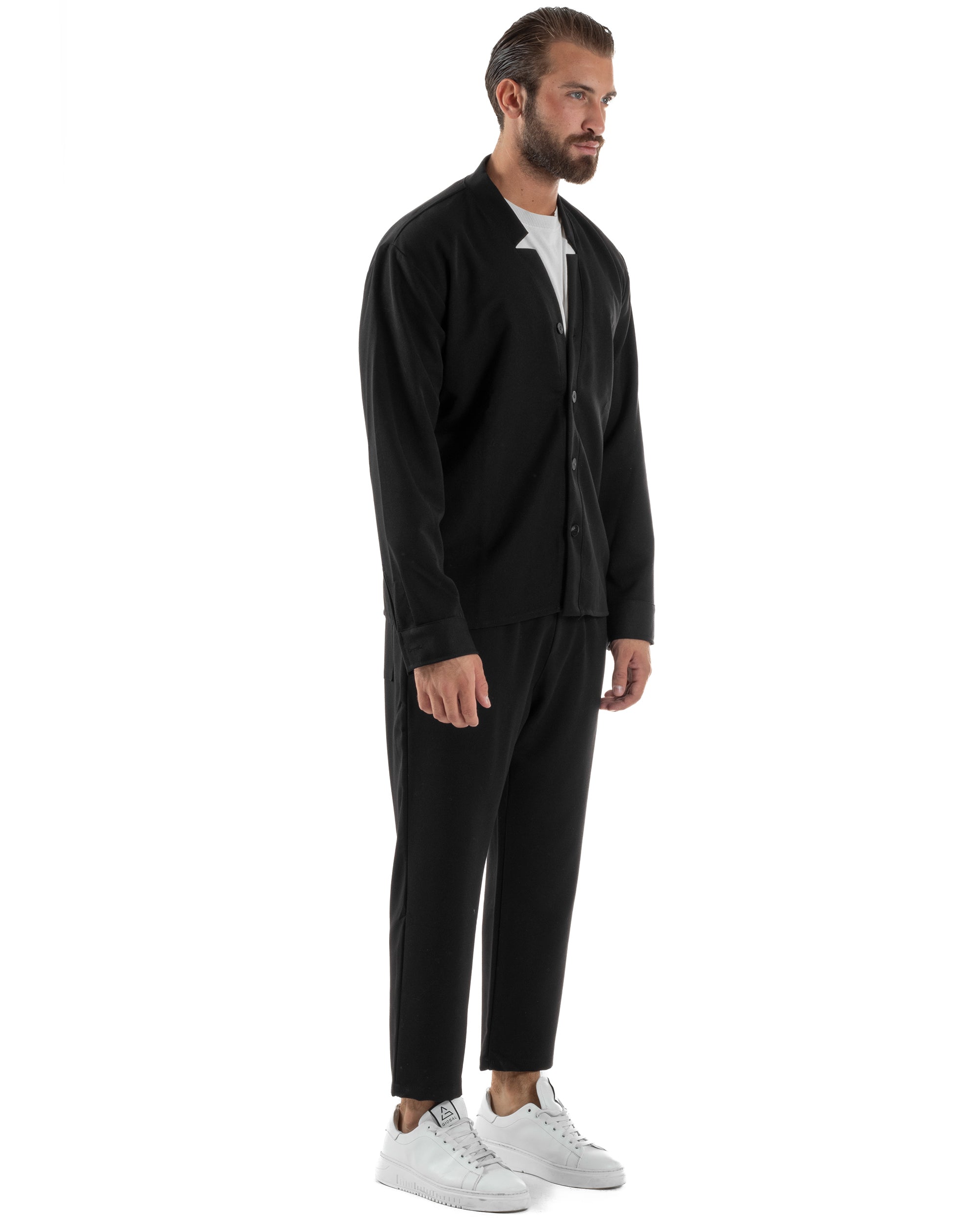 Coordinato Camicia Pantaloni Viscosa Casual Nero OU2536A