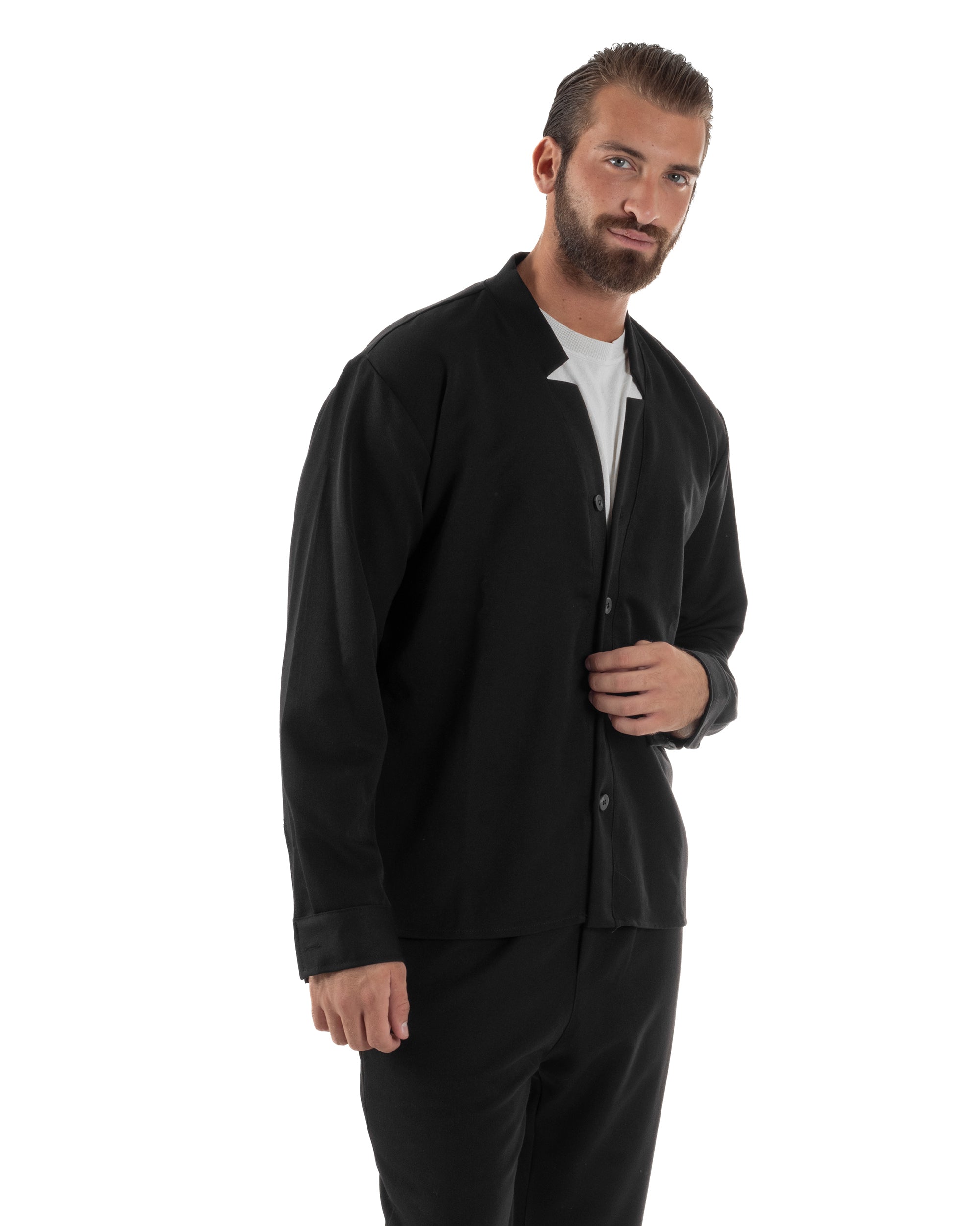 Coordinato Camicia Pantaloni Viscosa Casual Nero OU2536A