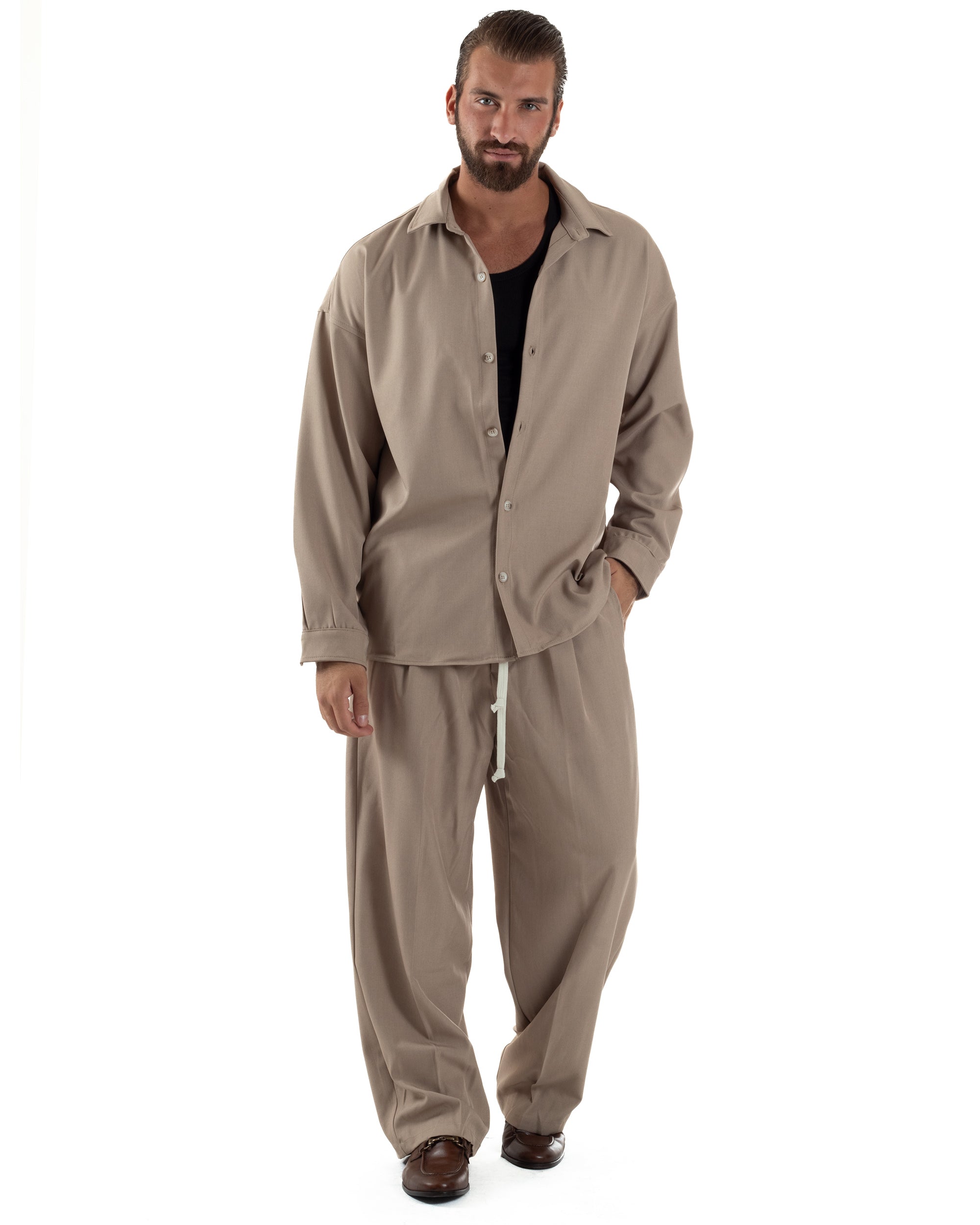 Coordinato Uomo Viscosa Camicia Pantaloni Baggy Casual Beige OU2537A