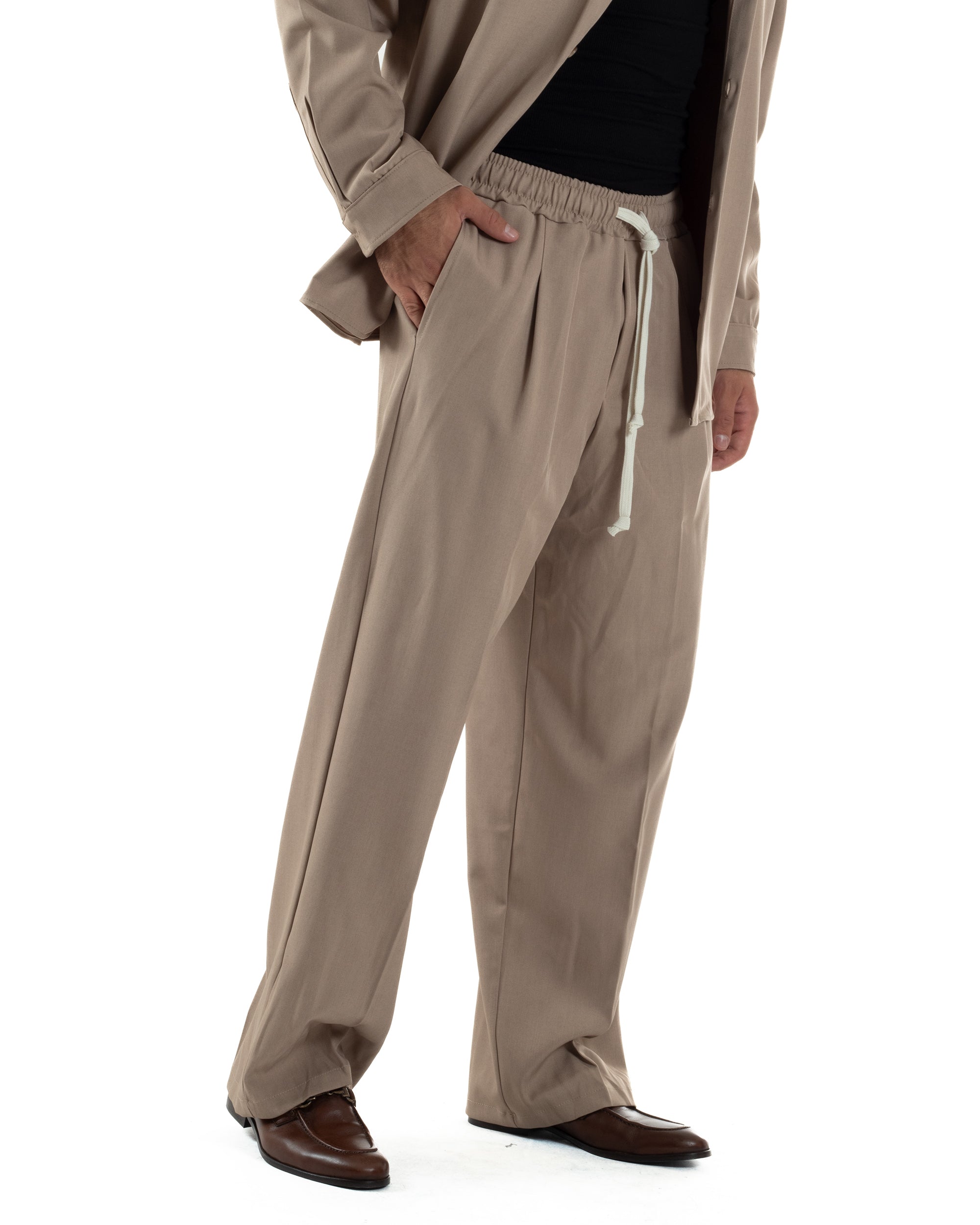 Coordinato Uomo Viscosa Camicia Pantaloni Baggy Casual Beige OU2537A