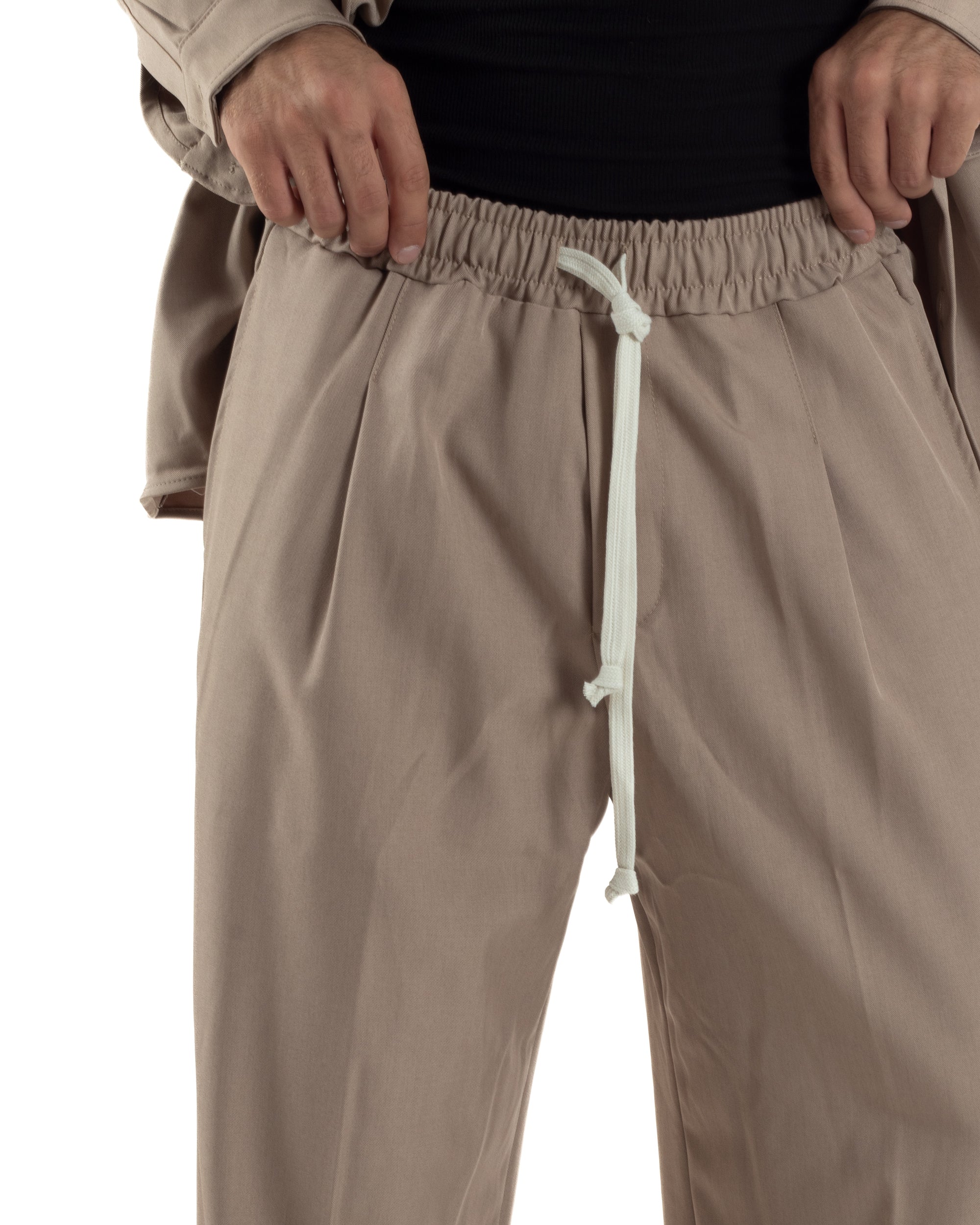 Coordinato Uomo Viscosa Camicia Pantaloni Baggy Casual Beige OU2537A