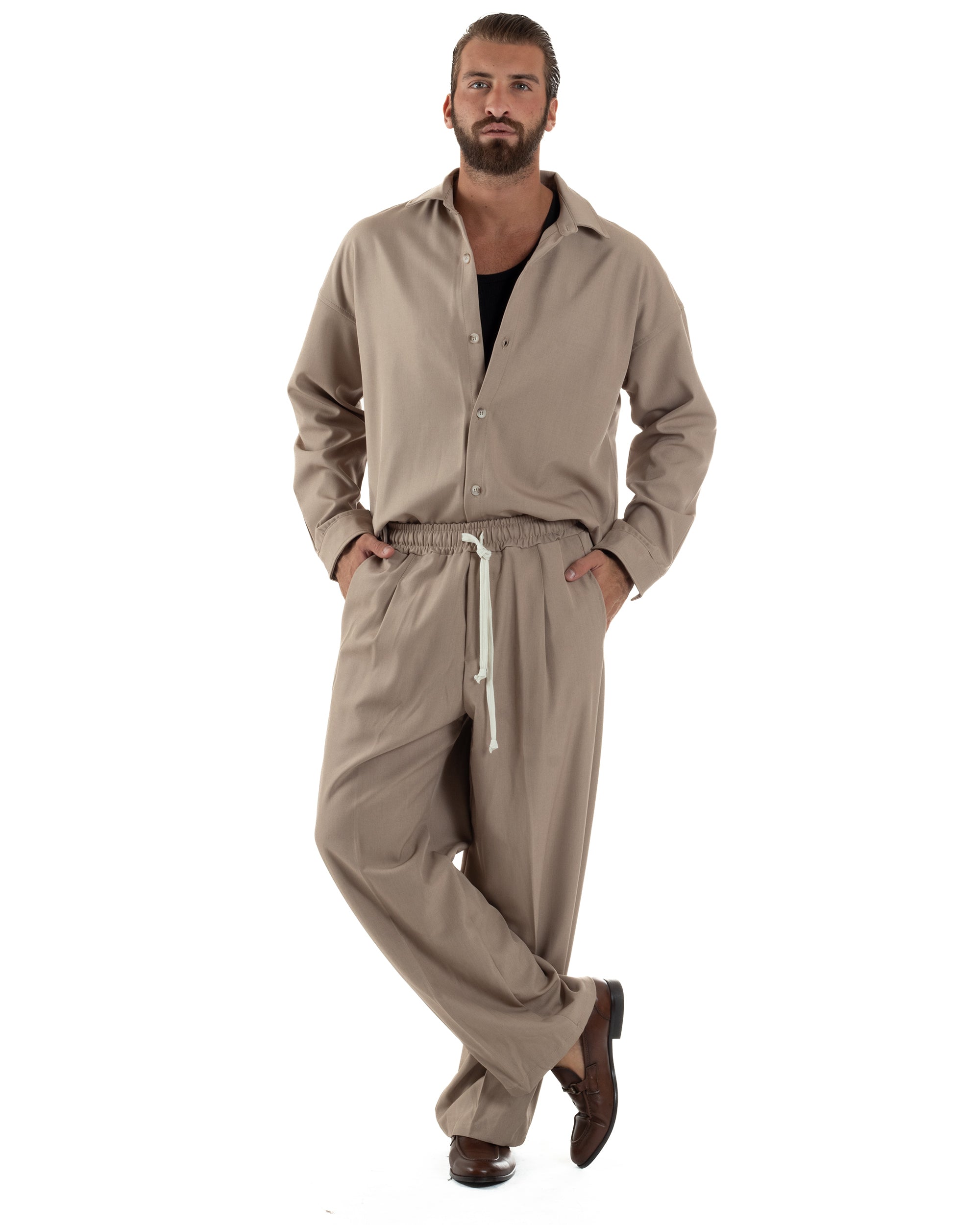 Coordinato Uomo Viscosa Camicia Pantaloni Baggy Casual Beige OU2537A