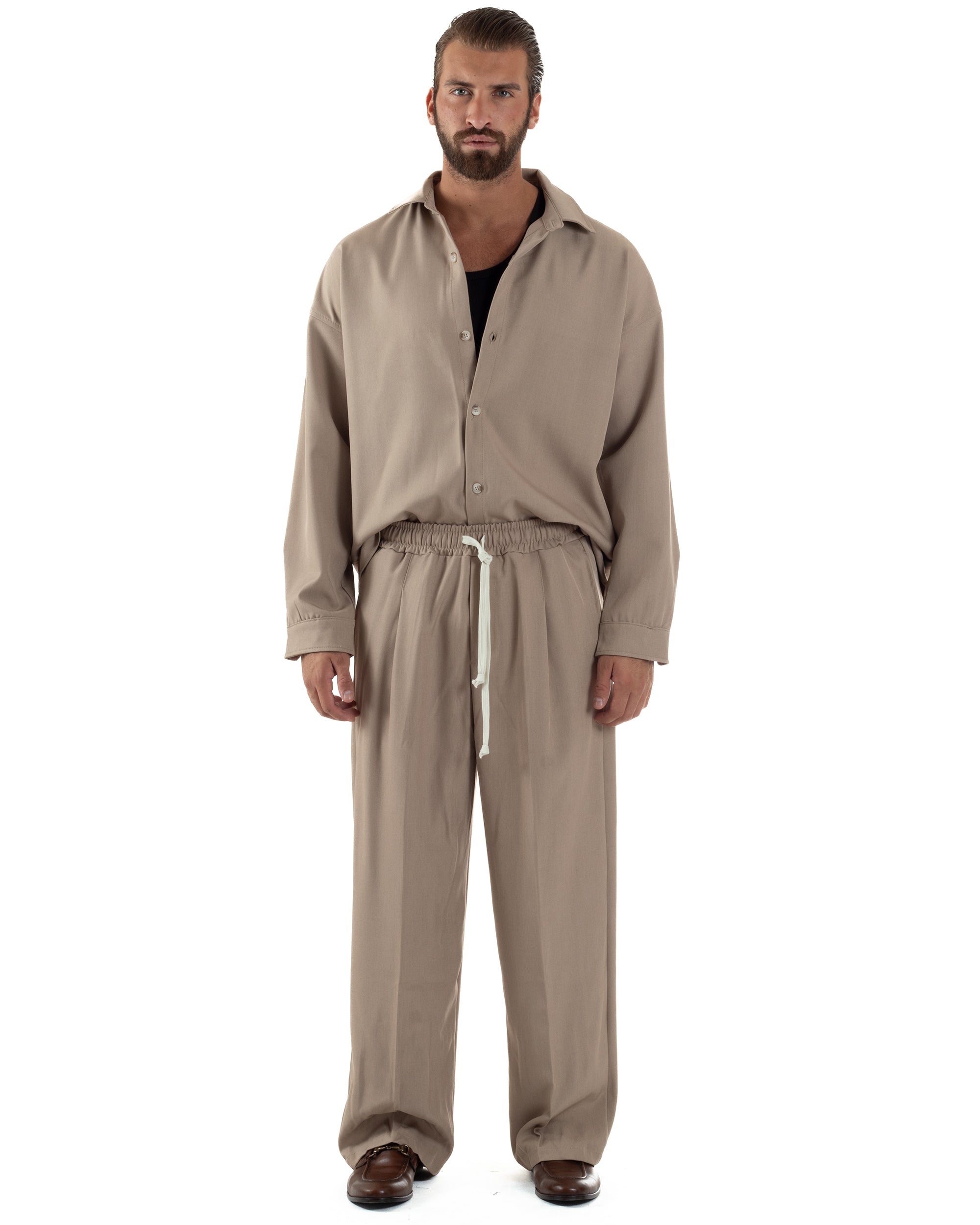 Coordinato Uomo Viscosa Camicia Pantaloni Baggy Casual Beige OU2537A