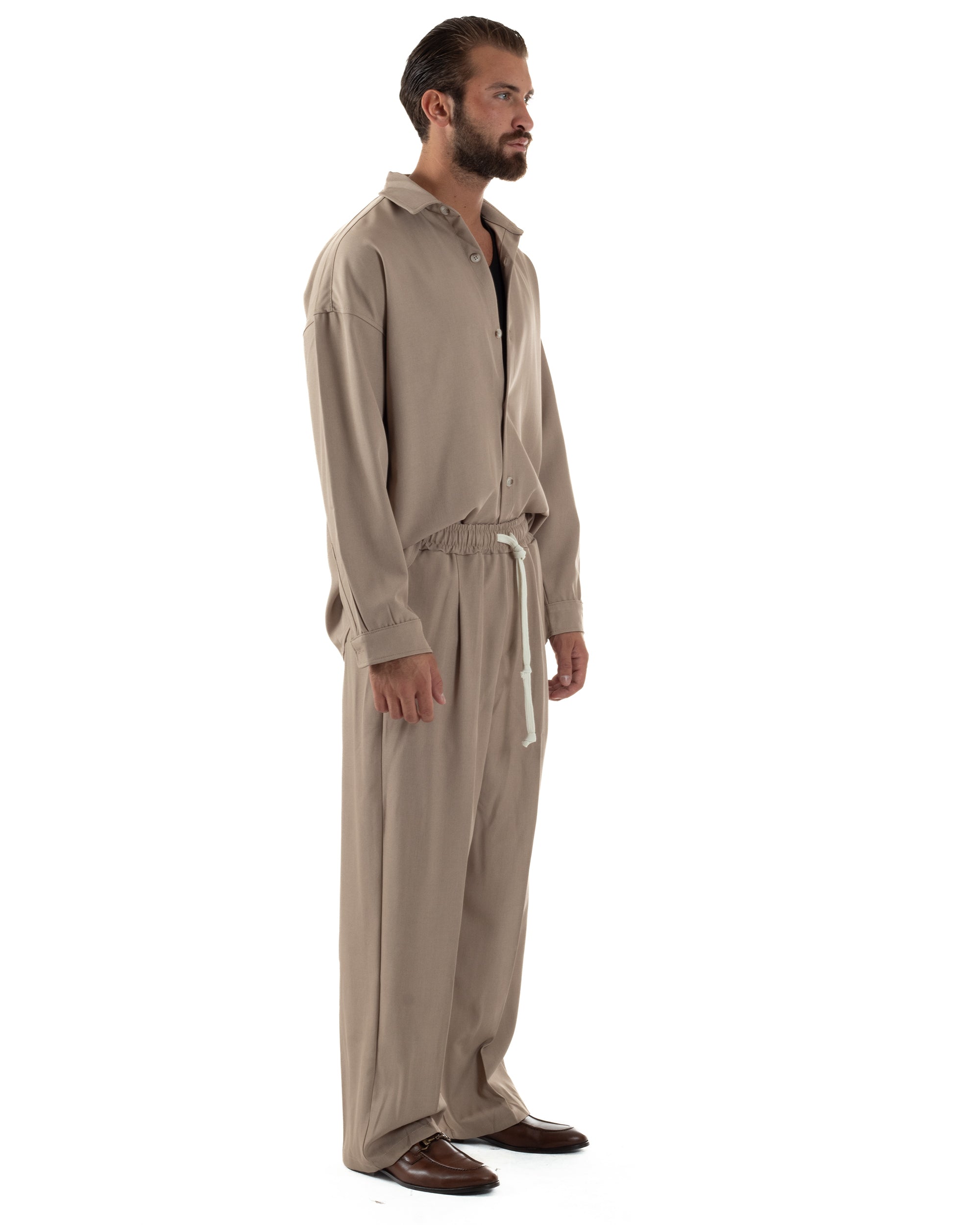 Coordinato Uomo Viscosa Camicia Pantaloni Baggy Casual Beige OU2537A