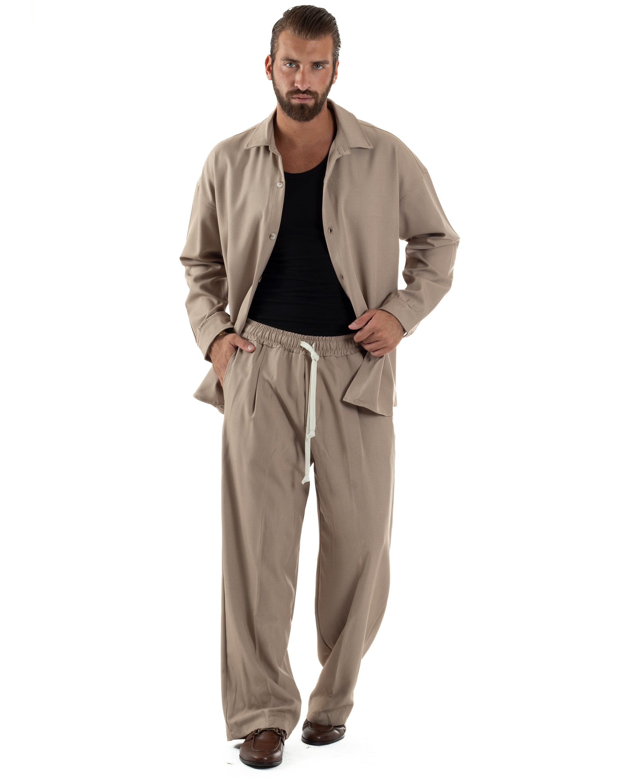 Coordinato Uomo Viscosa Camicia Pantaloni Baggy Casual Beige OU2537A