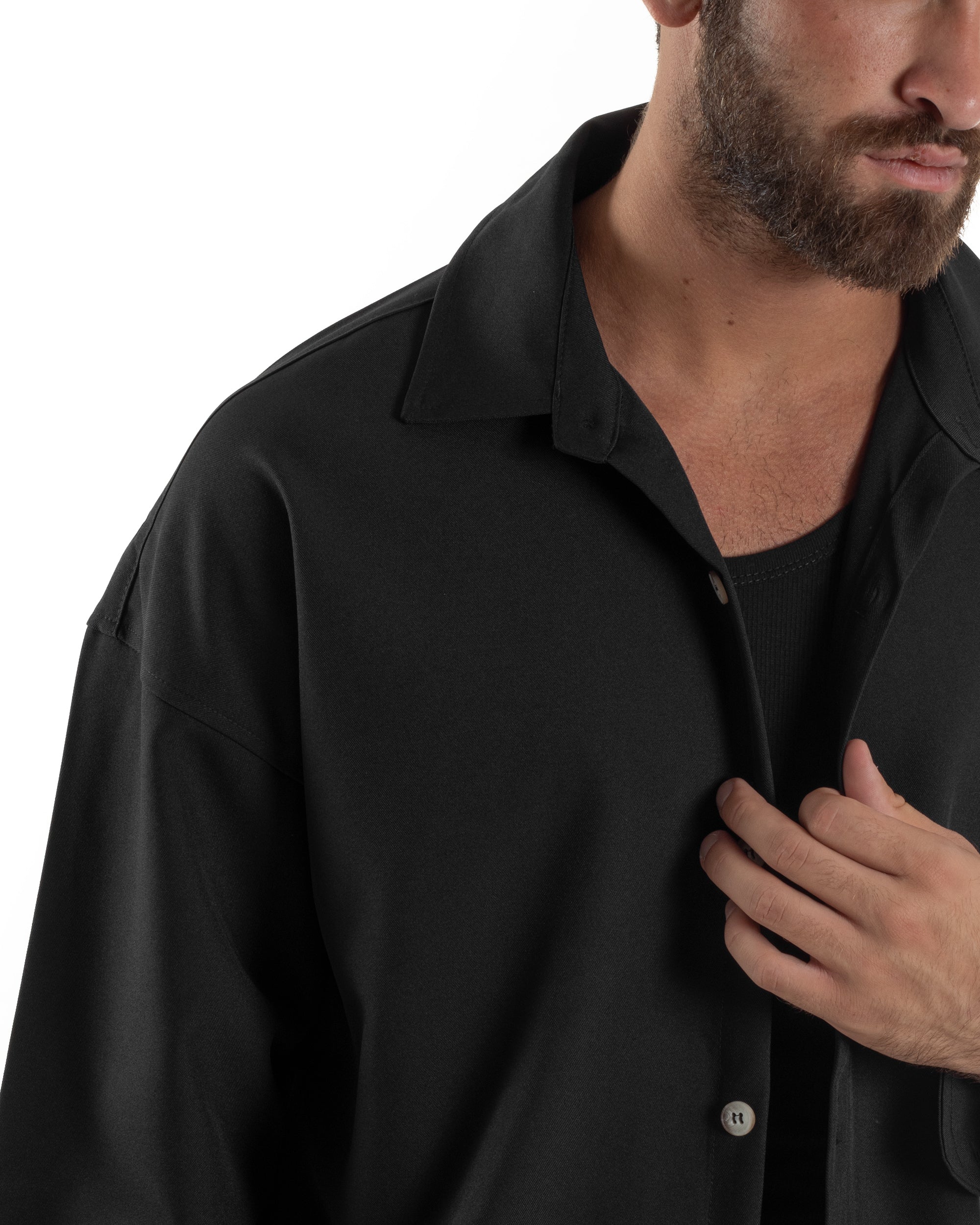 Coordinato Uomo Viscosa Camicia Pantaloni Baggy Casual Nero OU2538A