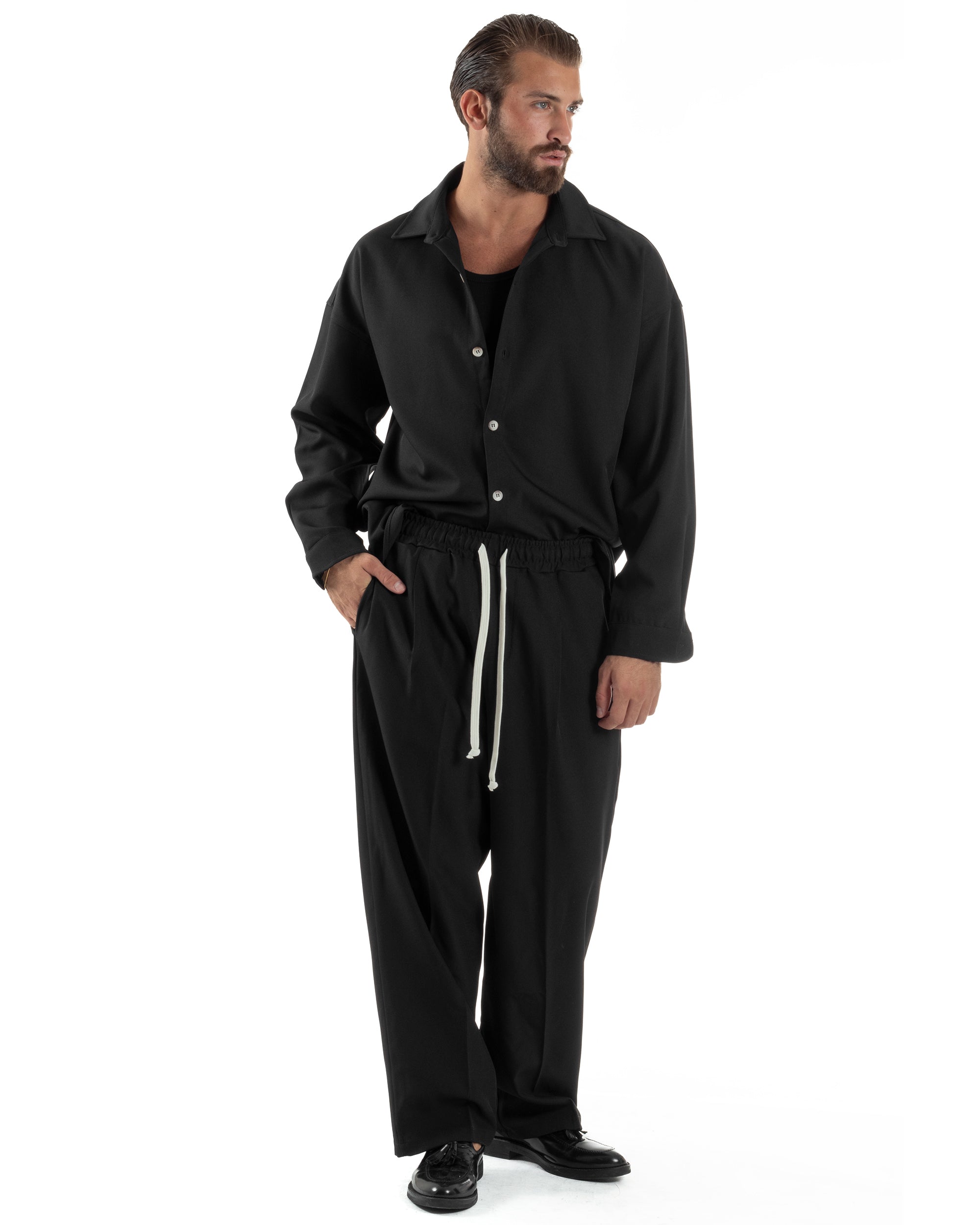 Coordinato Uomo Viscosa Camicia Pantaloni Baggy Casual Nero OU2538A