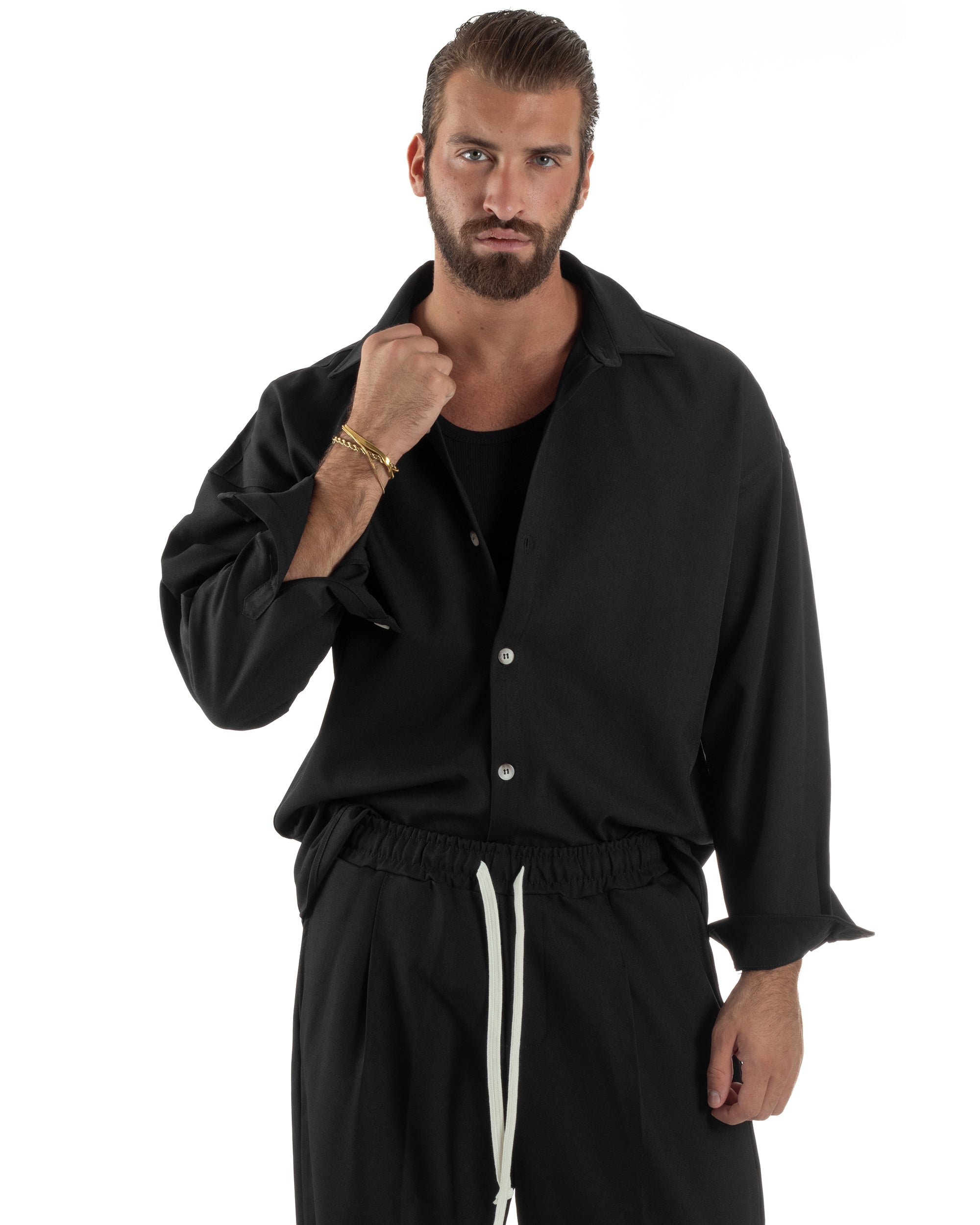 Coordinato Uomo Viscosa Camicia Pantaloni Baggy Casual Nero OU2538A