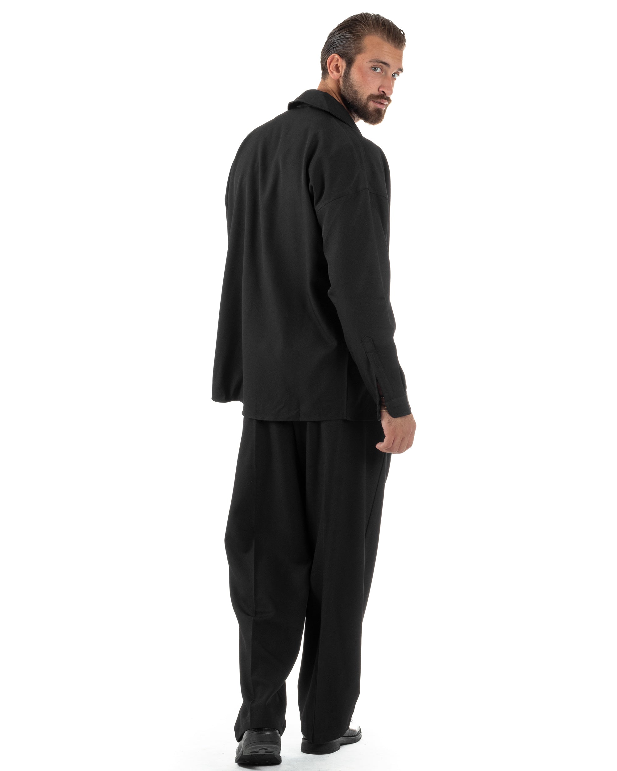 Coordinato Uomo Viscosa Camicia Pantaloni Baggy Casual Nero OU2538A
