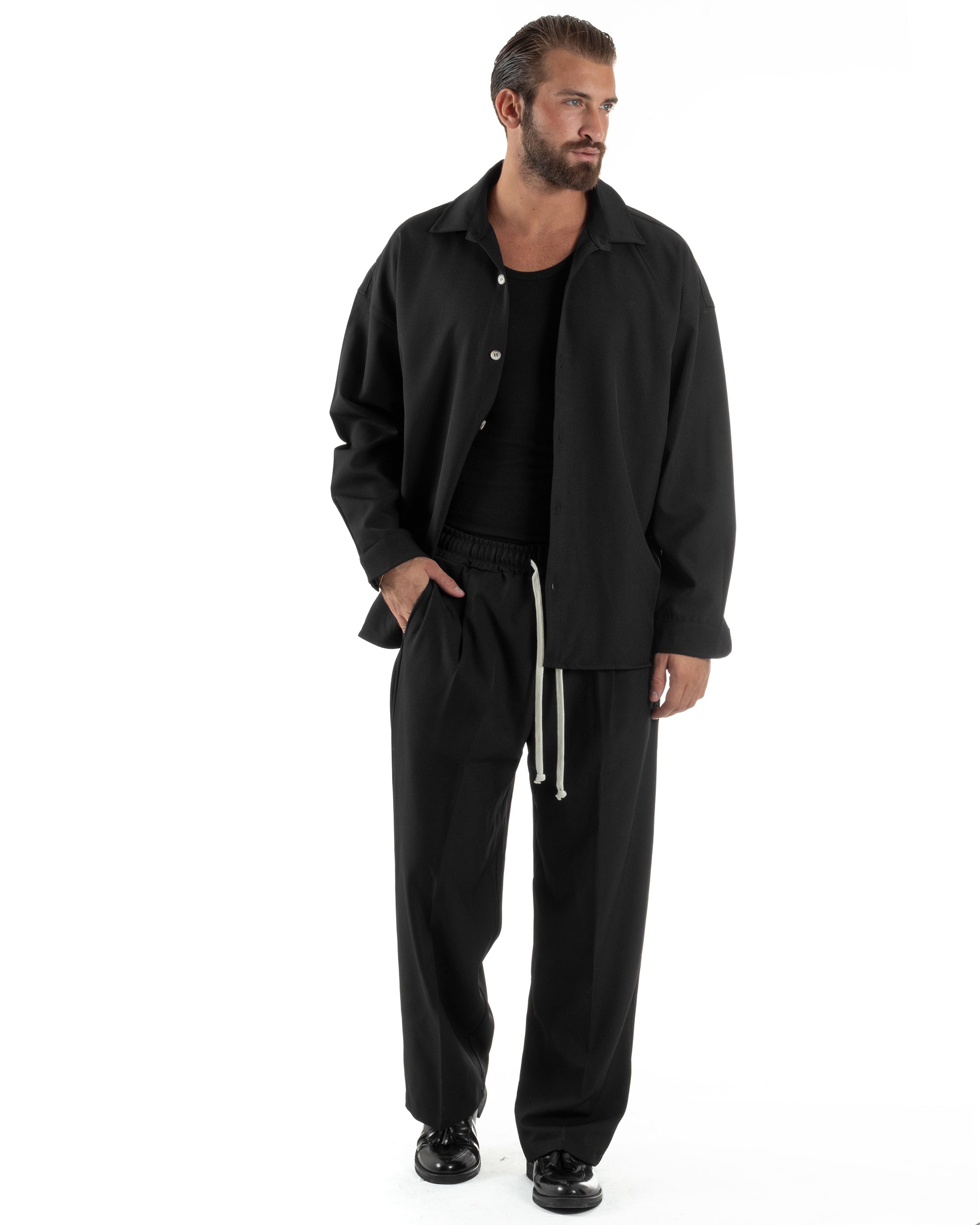 Coordinato Uomo Viscosa Camicia Pantaloni Baggy Casual Nero OU2538A