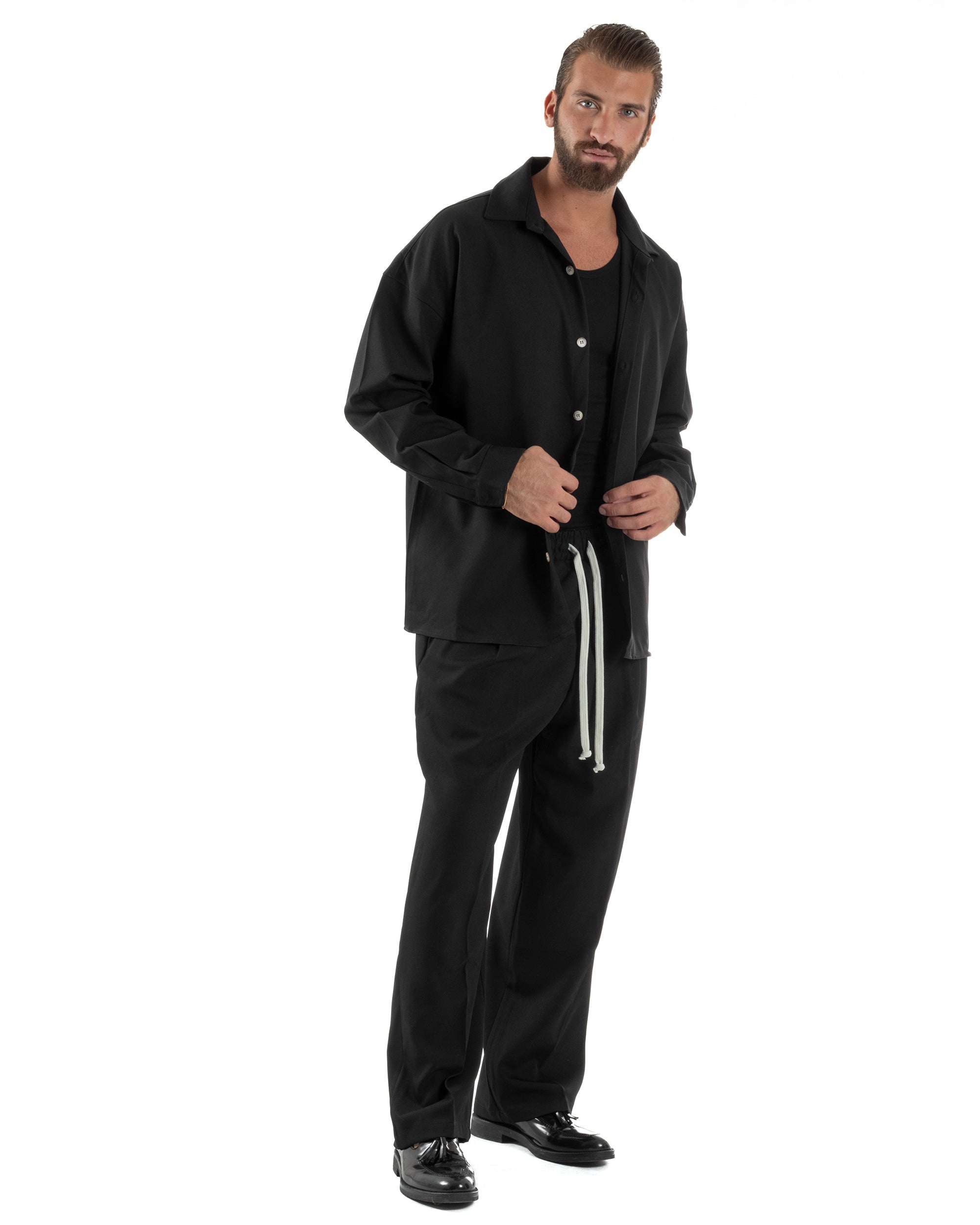 Coordinato Uomo Viscosa Camicia Pantaloni Baggy Casual Nero OU2538A