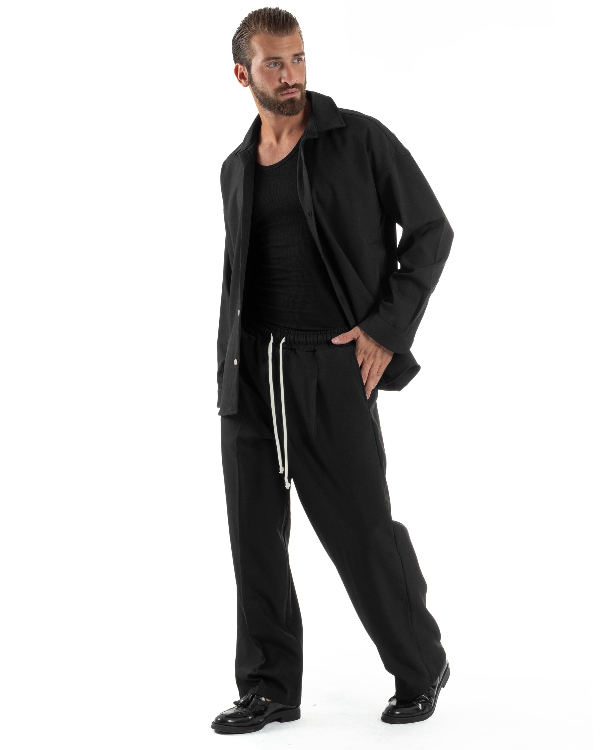 Coordinato Uomo Viscosa Camicia Pantaloni Baggy Casual Nero OU2538A