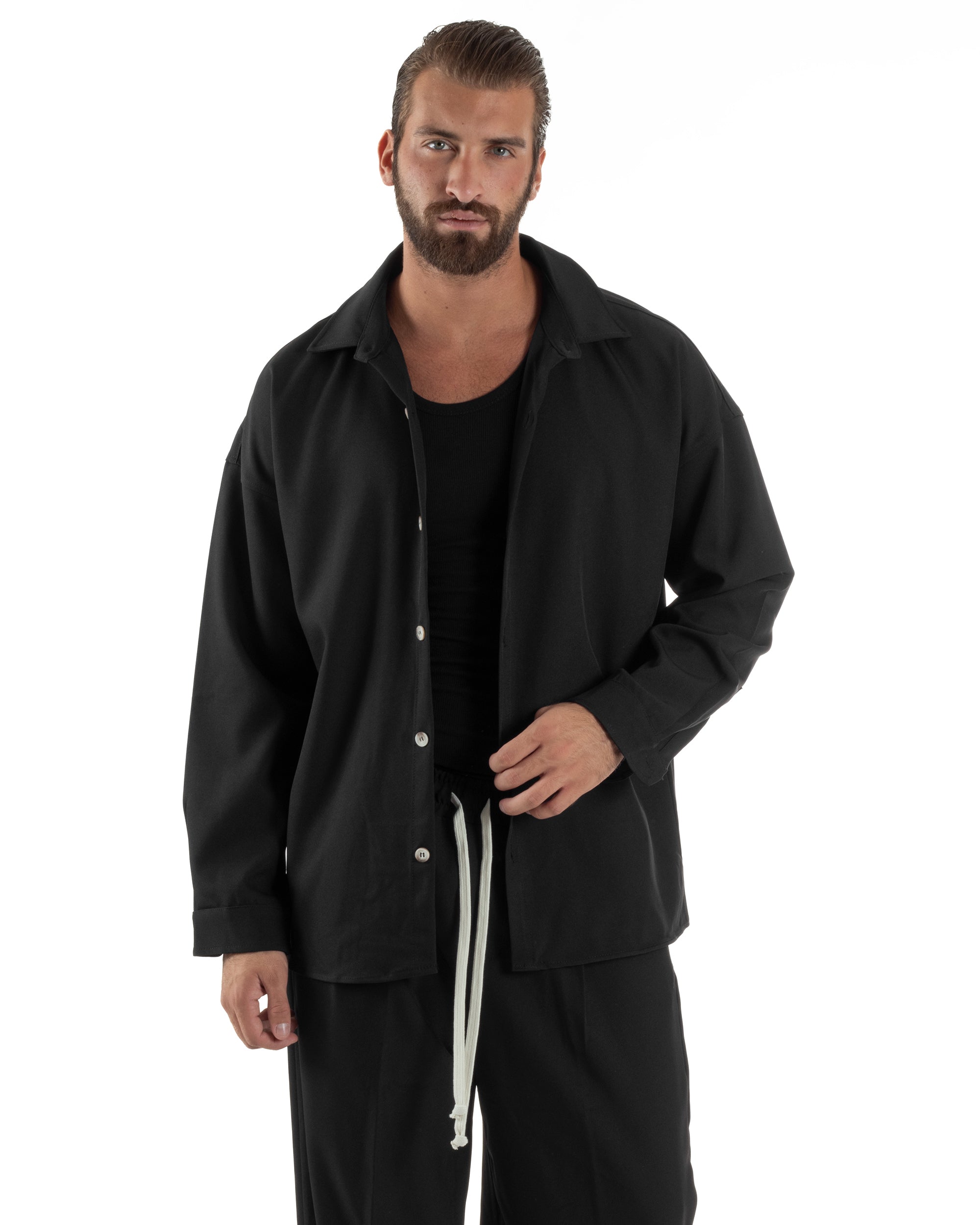 Coordinato Uomo Viscosa Camicia Pantaloni Baggy Casual Nero OU2538A