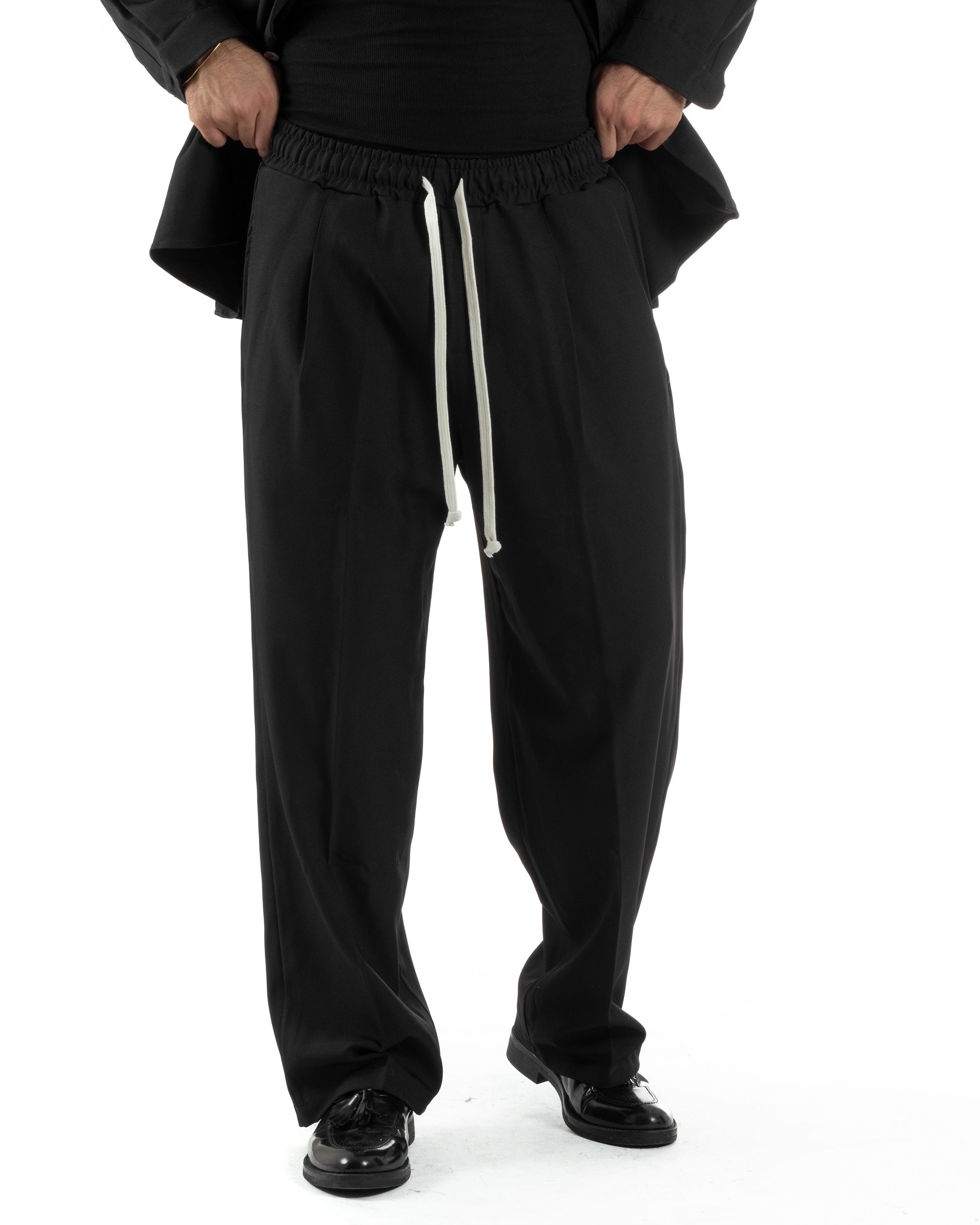 Coordinato Uomo Viscosa Camicia Pantaloni Baggy Casual Nero OU2538A