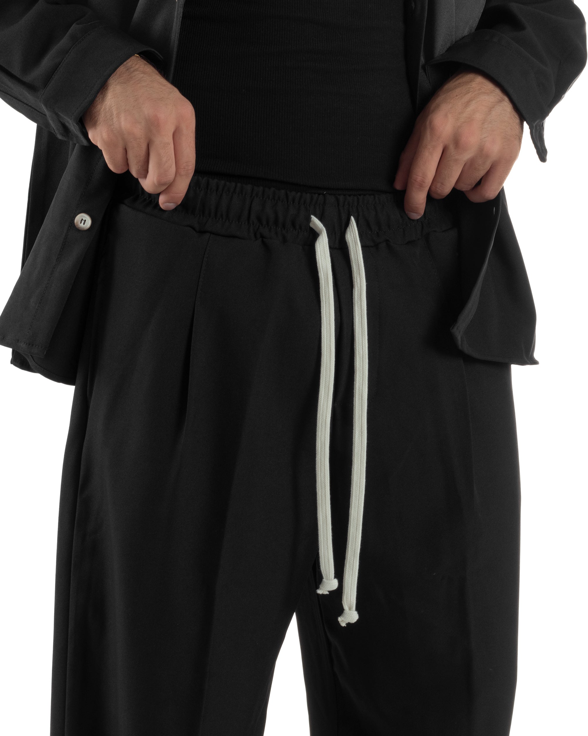 Coordinato Uomo Viscosa Camicia Pantaloni Baggy Casual Nero OU2538A