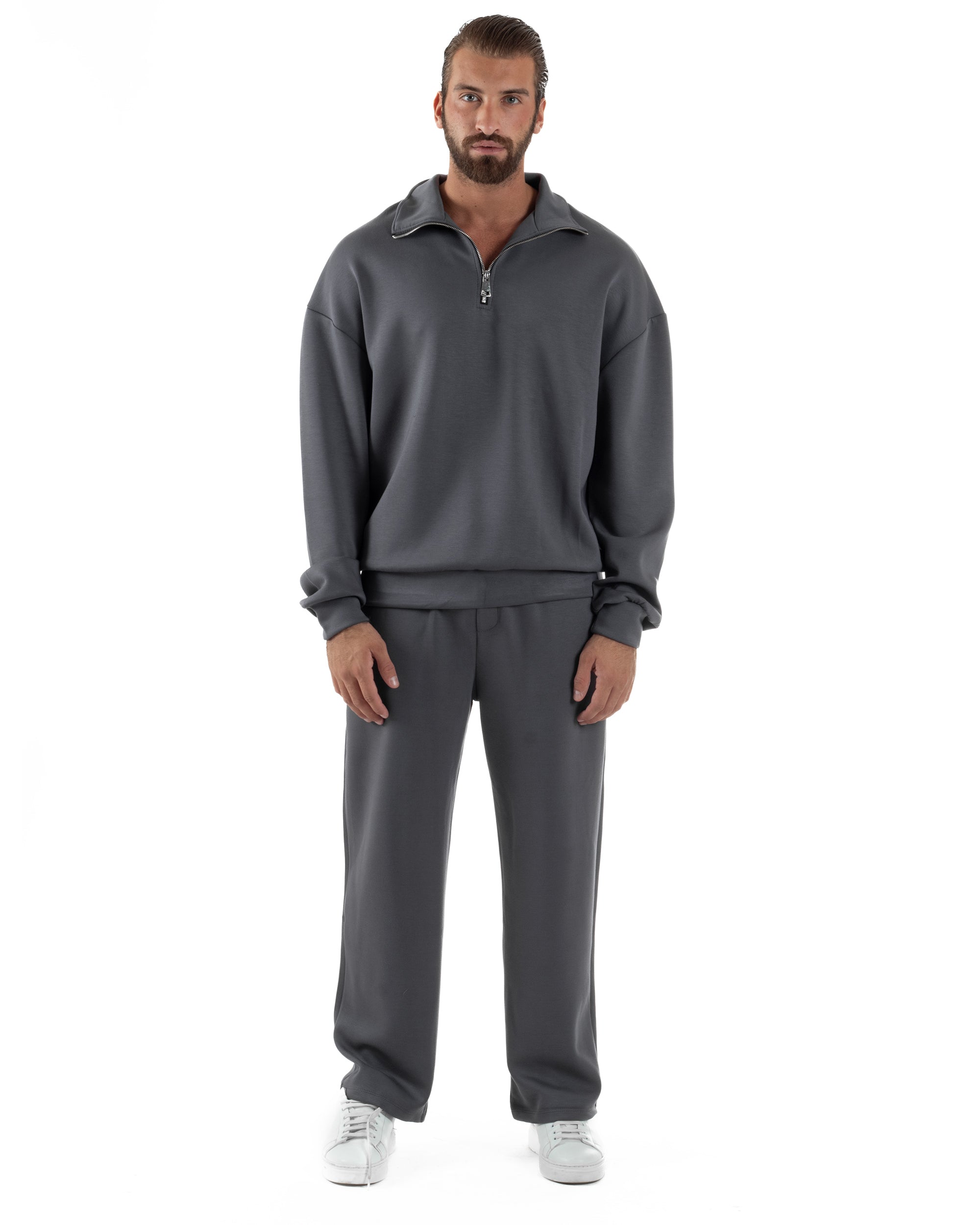 Coordinato Uomo Tuta Felpa Con Colletto Zip Pantaloni Baggy Relaxed Fit Piombo OU2539A